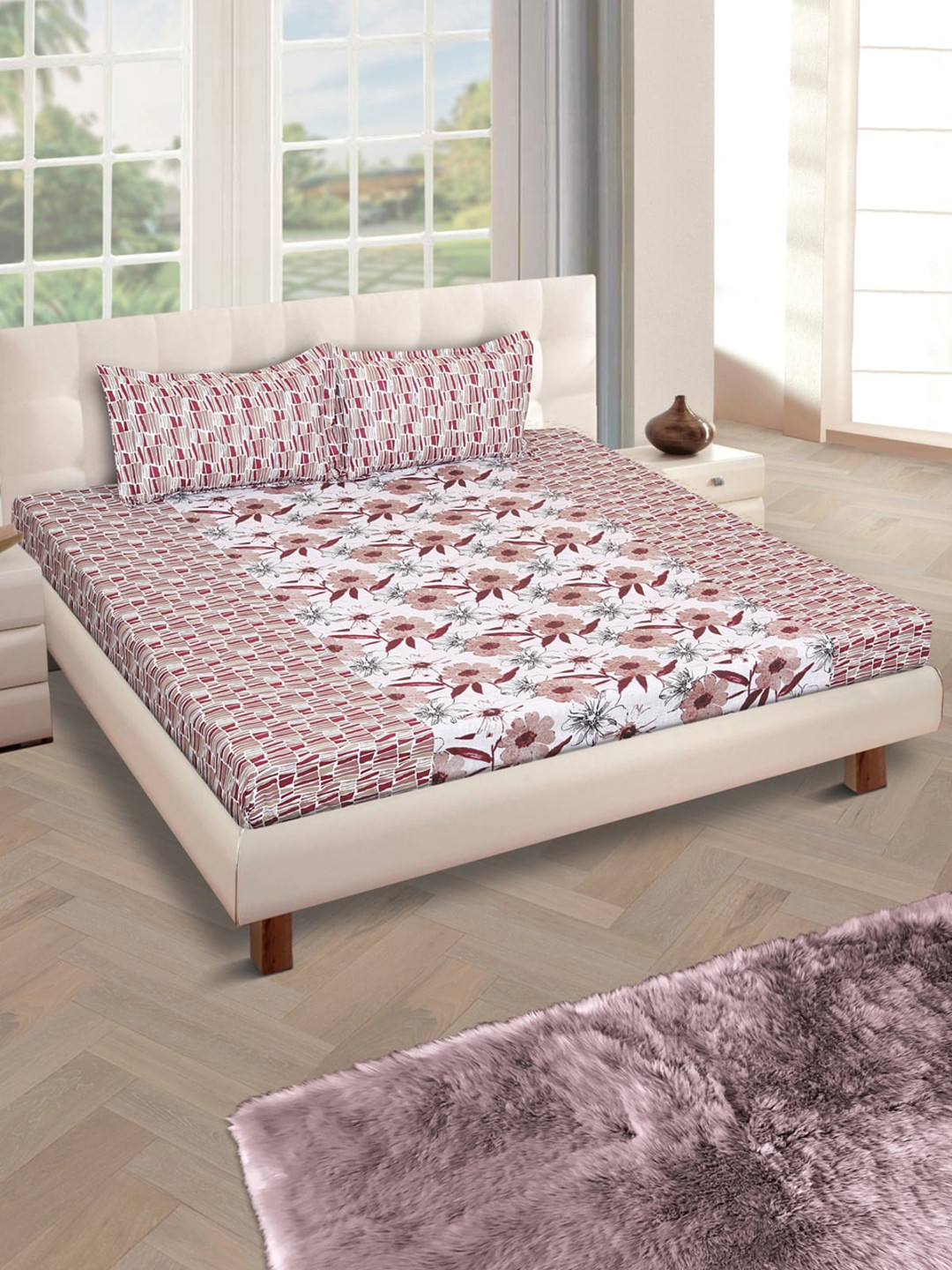ROMEE White & Pink Floral 160 TC Cotton 1 Queen Bedsheet with 2 Pillow Covers 
ROMEE White & Pink Floral 160 TC Cotton 1 Queen Bedsheet with 2 Pillow Covers