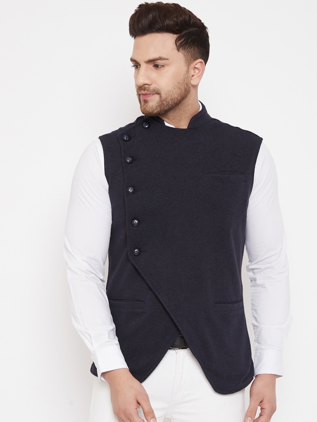 Hypernation Men Navy Blue Solid Waistcoat