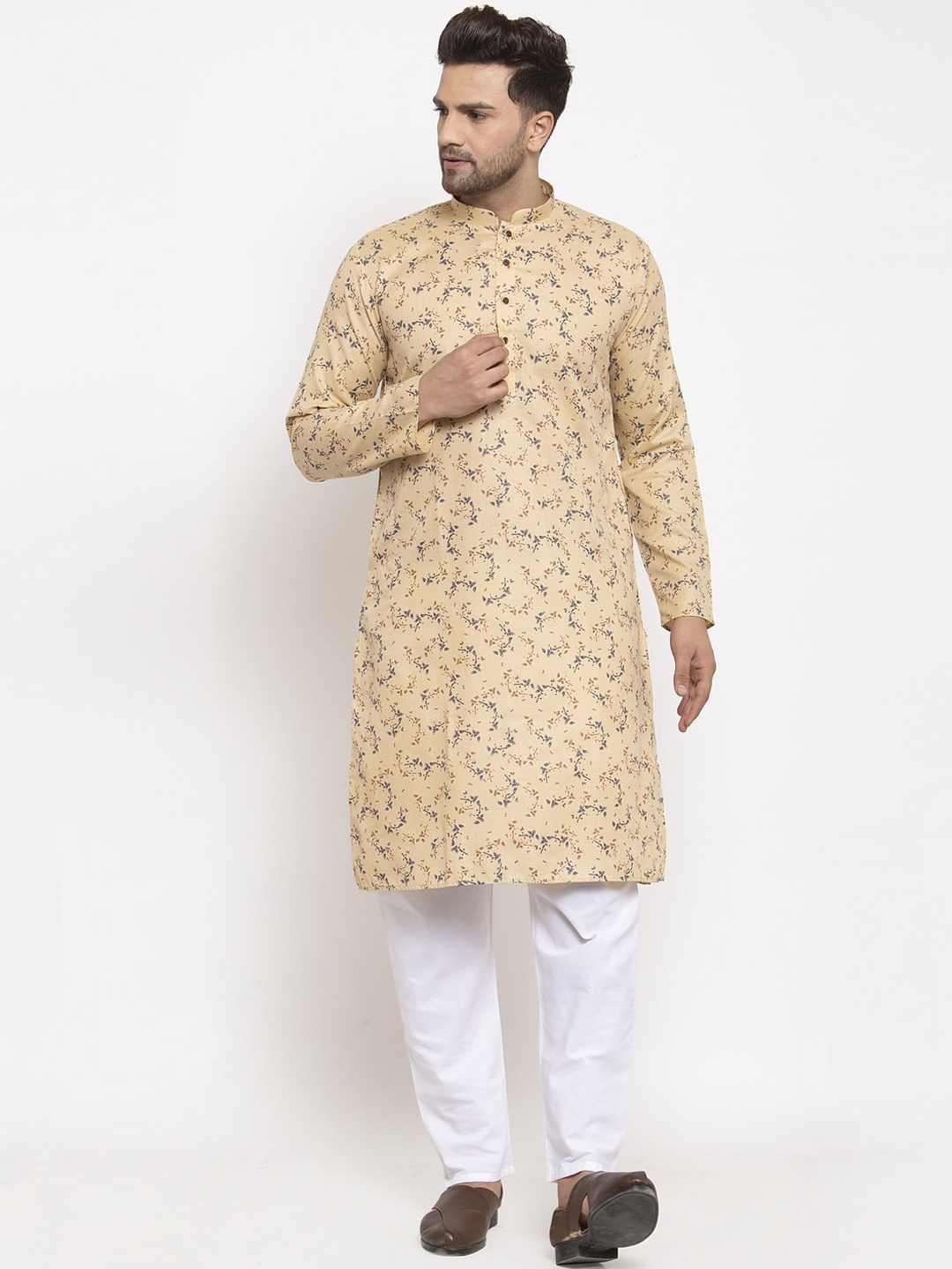 GRACIT Men Cream-Coloured & White Printed Kurta with Pyjamas