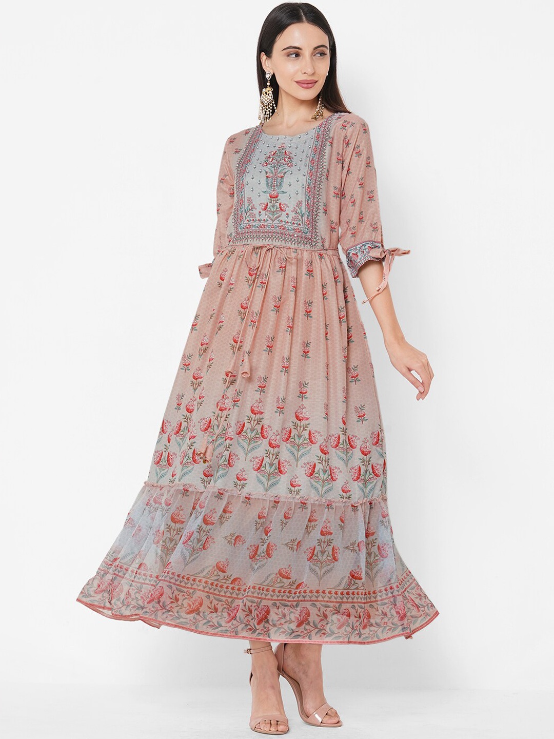 FASHOR Women Peach-Coloured Printed Maxi Dress