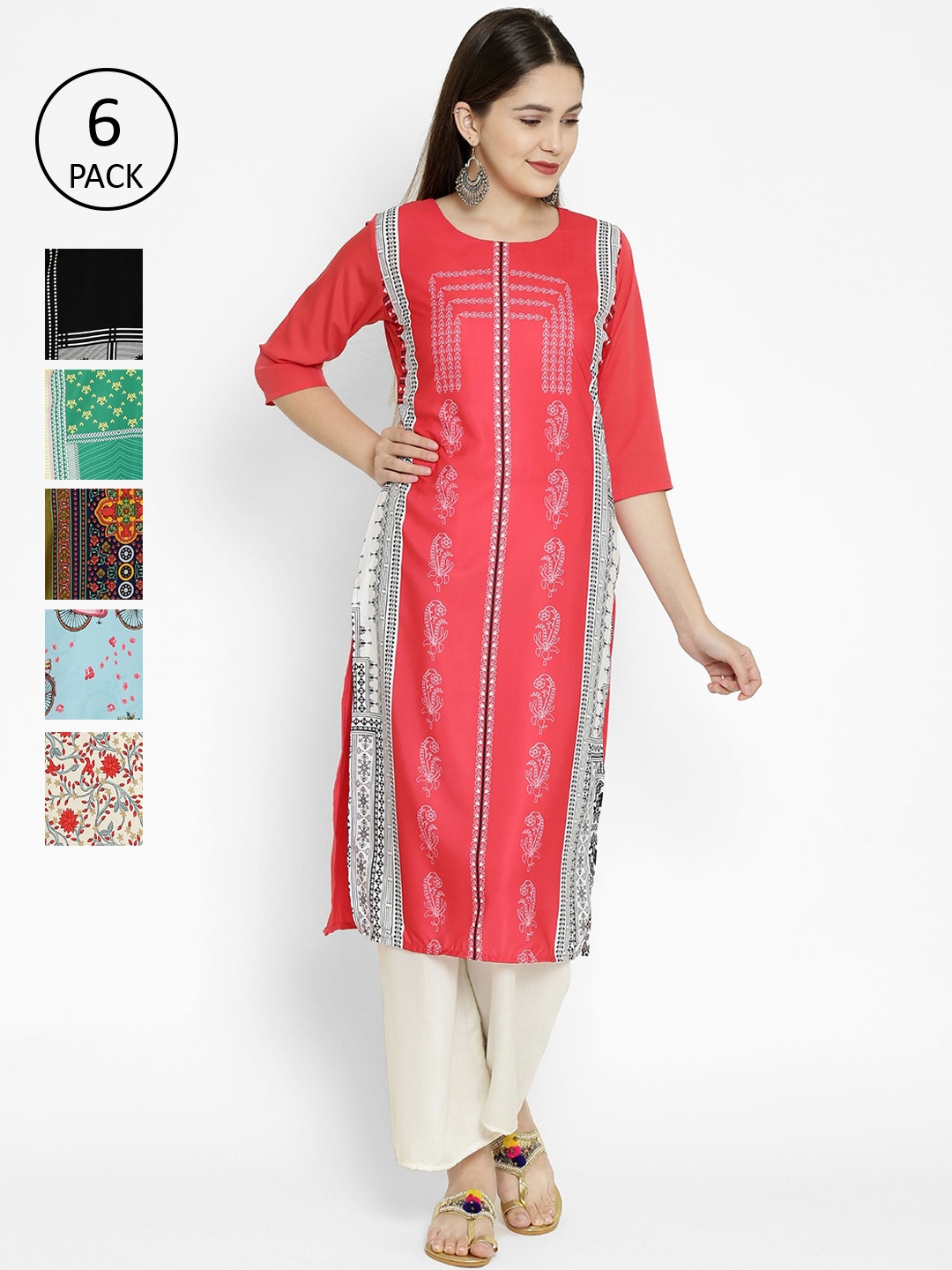 7Threads Pack Of 6 Ethnic Motifs Printed Sequins Crepe Kurta, Multi