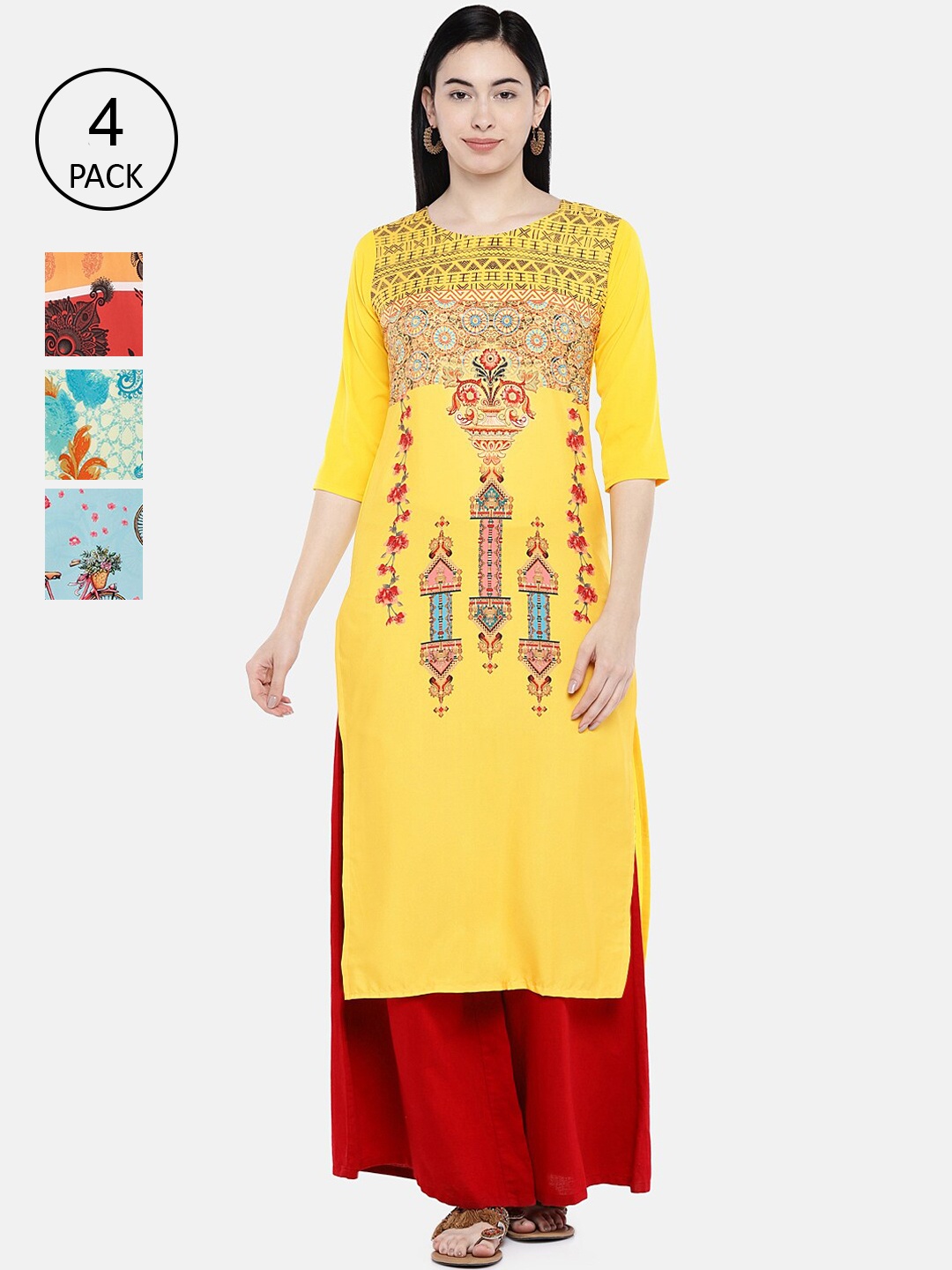 7Threads Pack Of 4 Digital Printed Crepe Kurtas, Multi