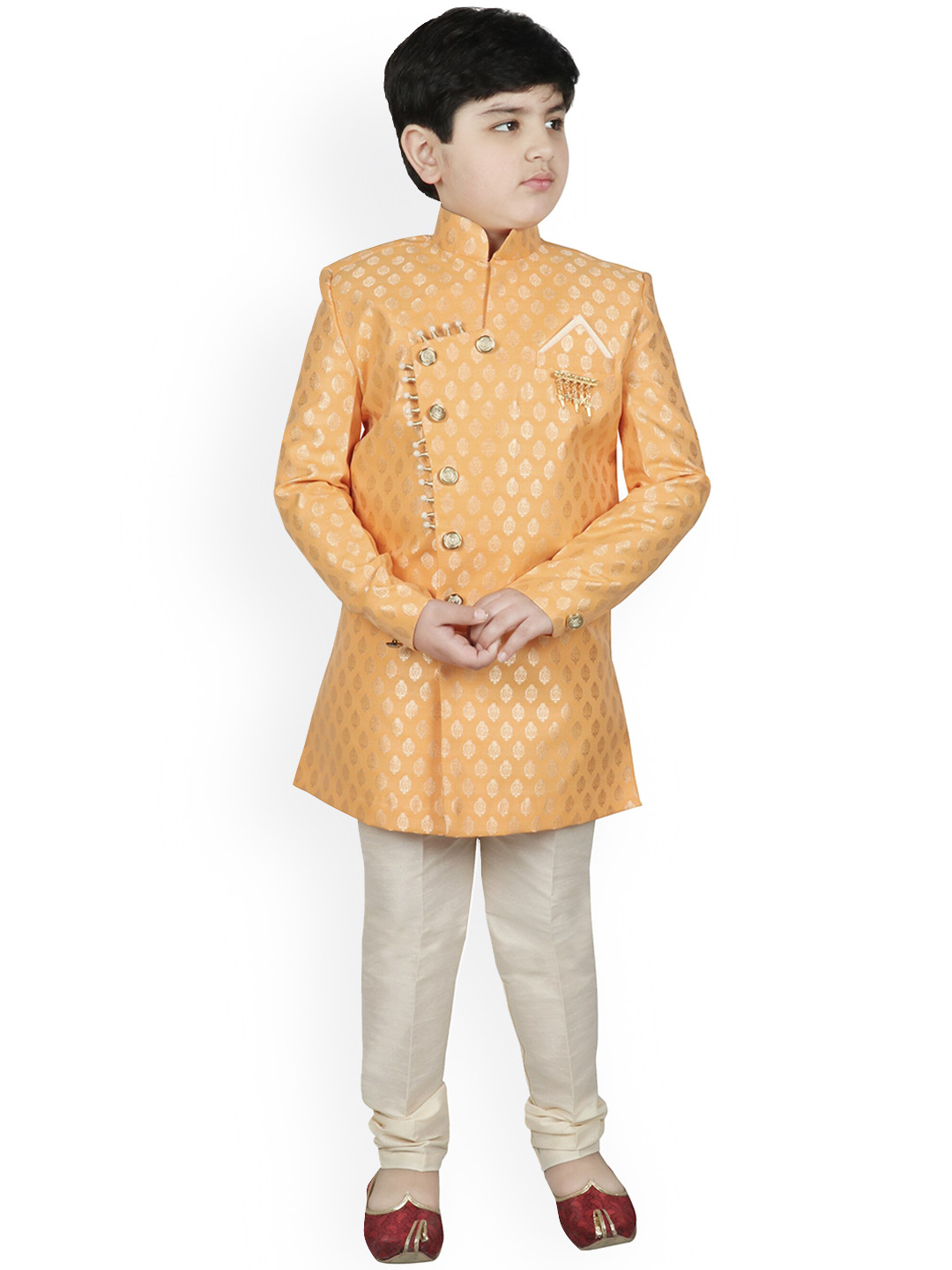 SG YUVRAJ Boys Orange & Gold-Coloured Woven Design Sherwani Set 
SG YUVRAJ Boys Orange & Gold-Coloured Woven Design Sherwani Set
