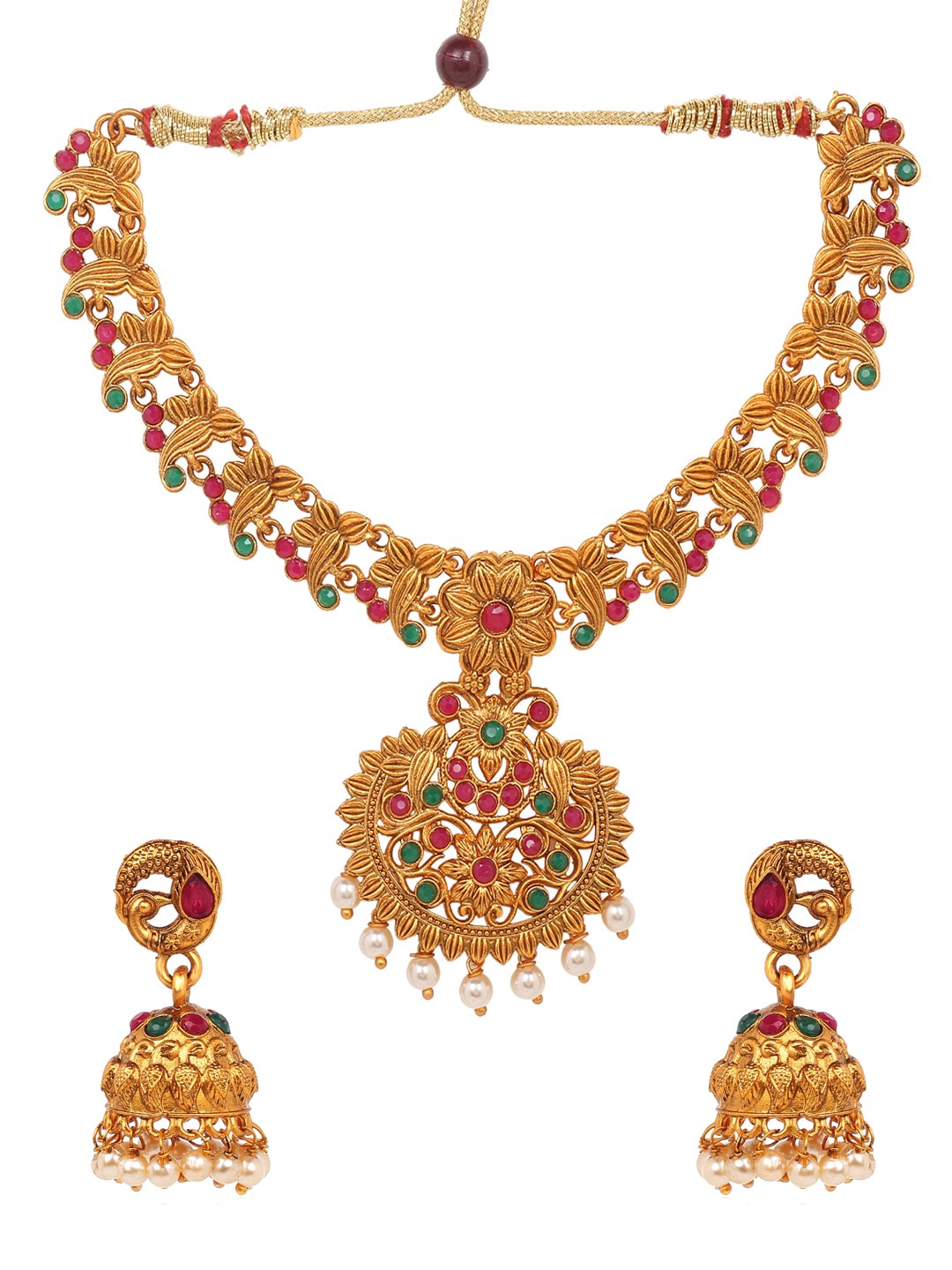Yellow Chimes Gold-Plated Red & Green Artificial Stone Studded Ethnic Handcrafted Temple Jewellery Set
Yellow Chimes Gold-Plated Red & Green Artificial Stone Studded Ethnic Handcrafted Temple Jewellery Set