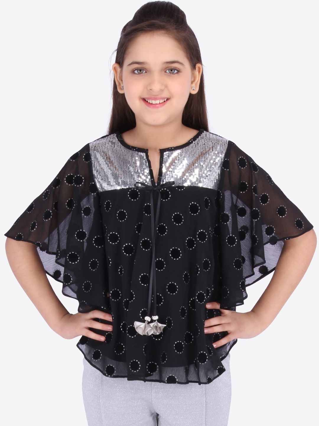 CUTECUMBER Black Printed Flutter Sleeves Georgette Kaftan Top