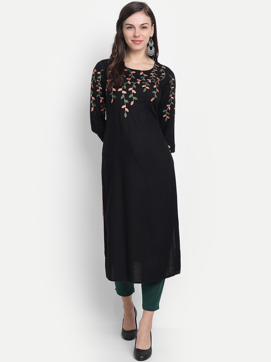fabGLOBAL Women Black Yoke Design Straight Handloom Kurta