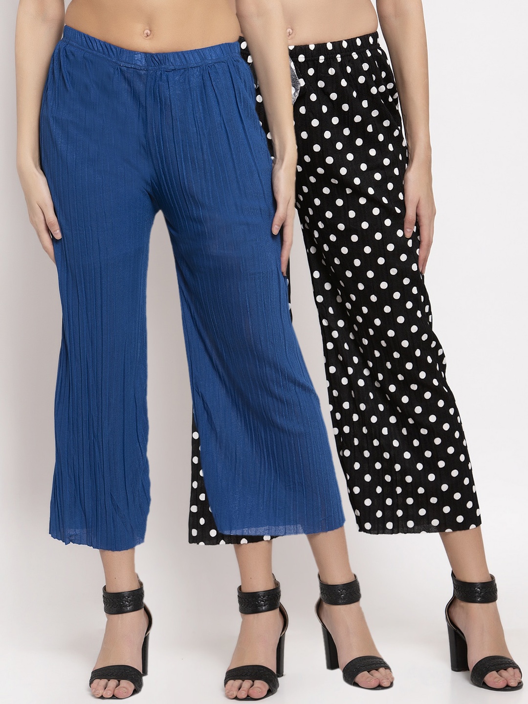 KLOTTHE Women Pack Of 2 Blue & Black Solid Wide Leg Palazzos