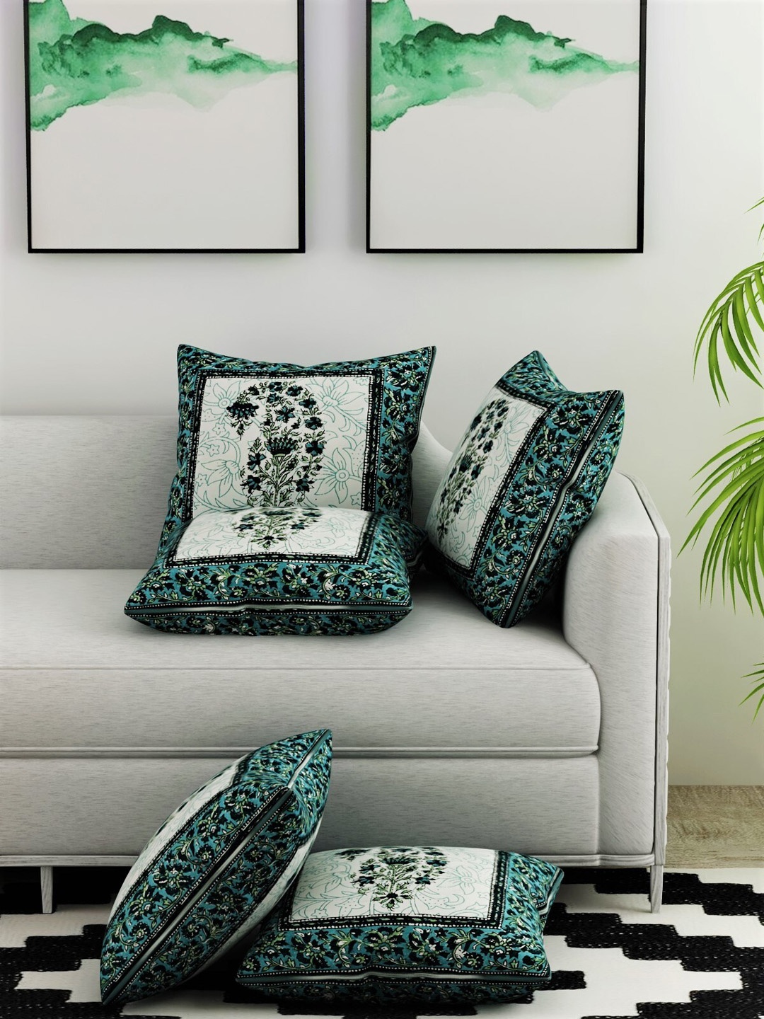 Salona Bichona Set Of 5 White & Green Floral Square Cushion Covers