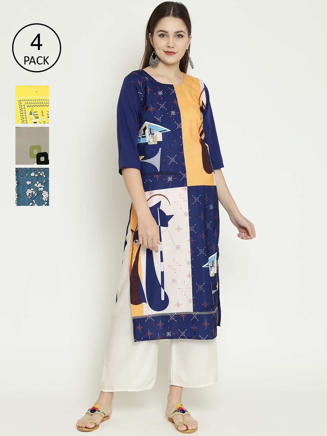7Threads Pack of 4 Printed Crepe Kurta, Multi