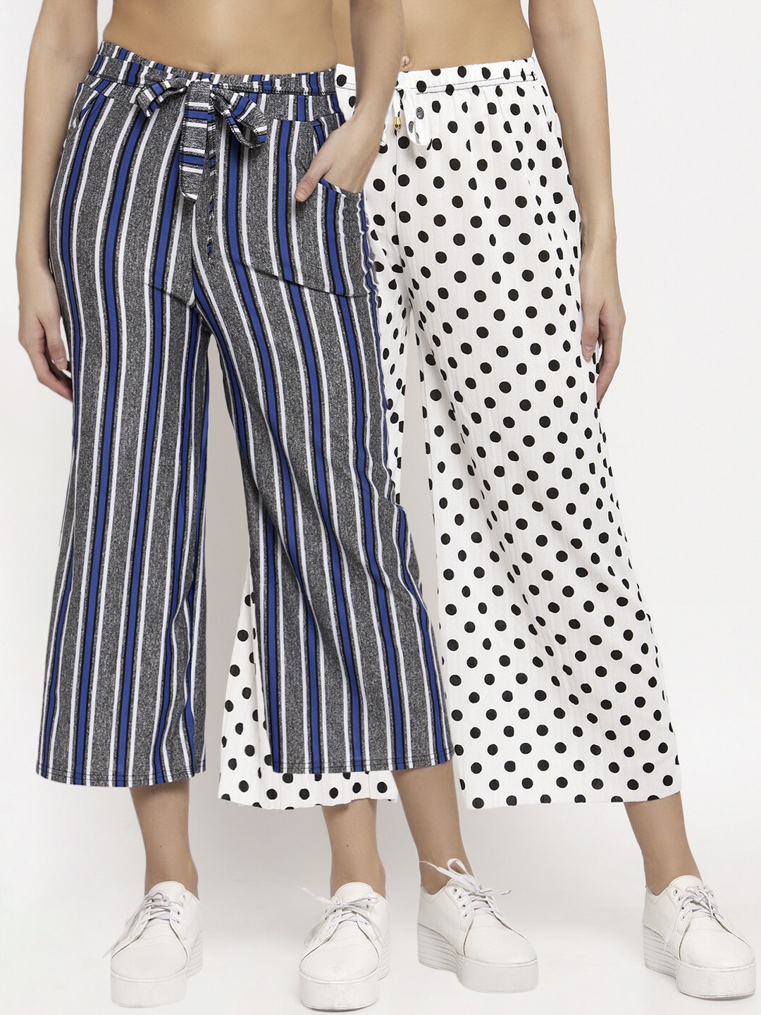 KLOTTHE Women Pack of 2 White & Grey Striped Wide Leg Palazzos