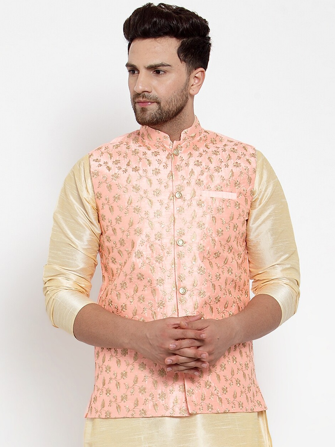 GRACIT Men Peach-Coloured & Gold-Coloured Embroidered Woven Nehru Jacket