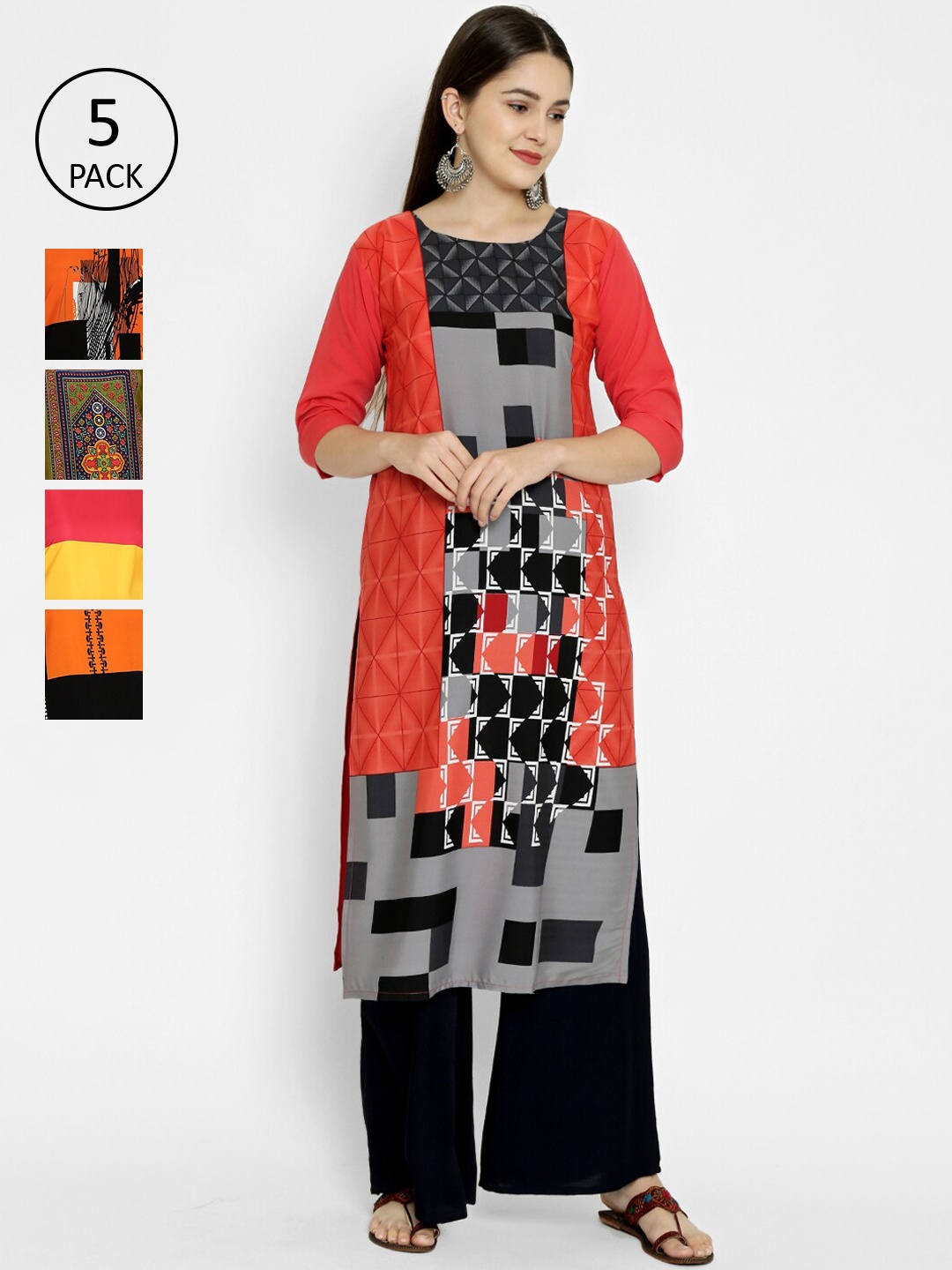 7Threads Women Pack of 5 Multicoloured Printed Kurtas, Multi