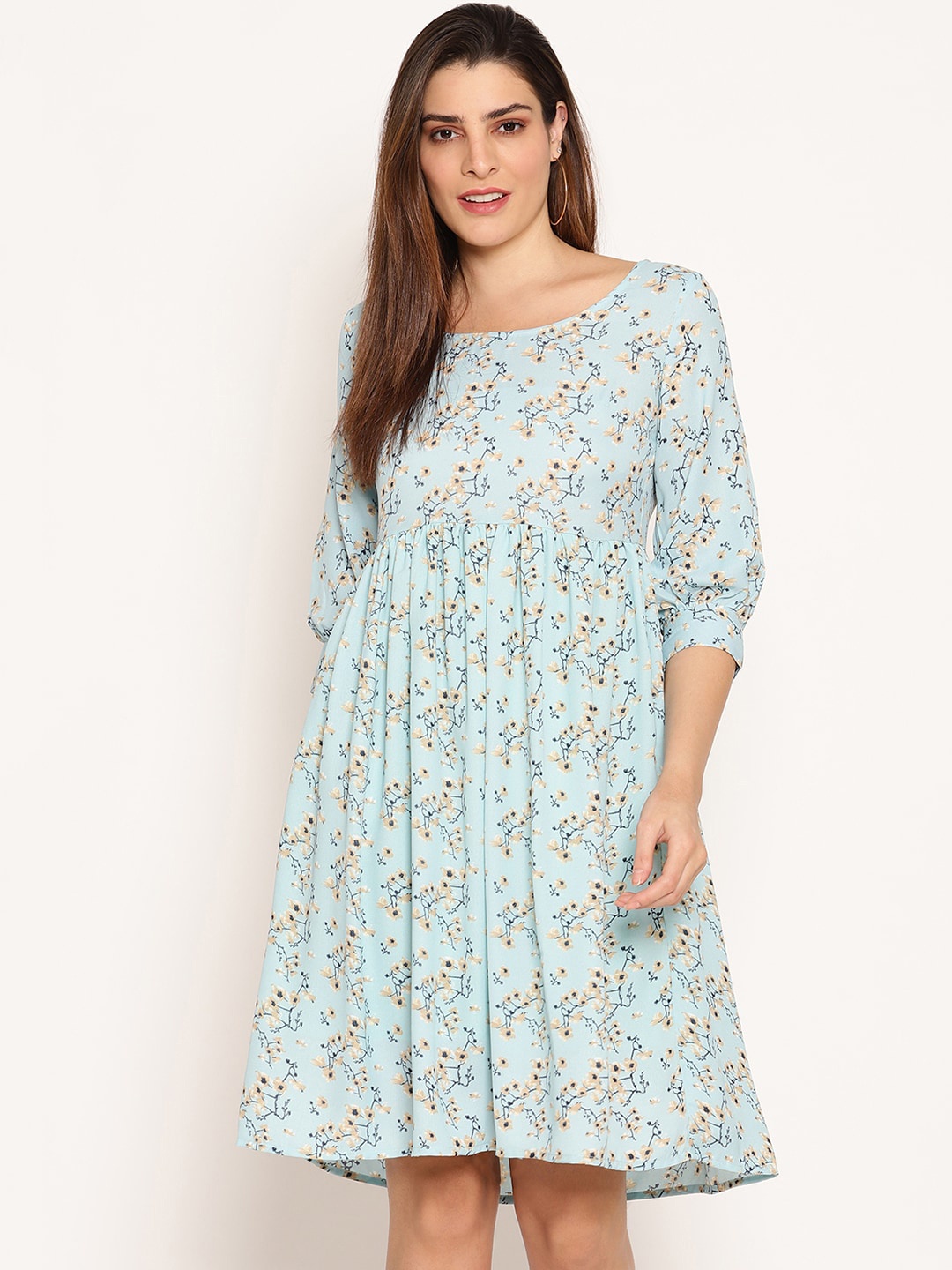 Ruhaans Women Blue & Brown Floral Printed Empire Dress