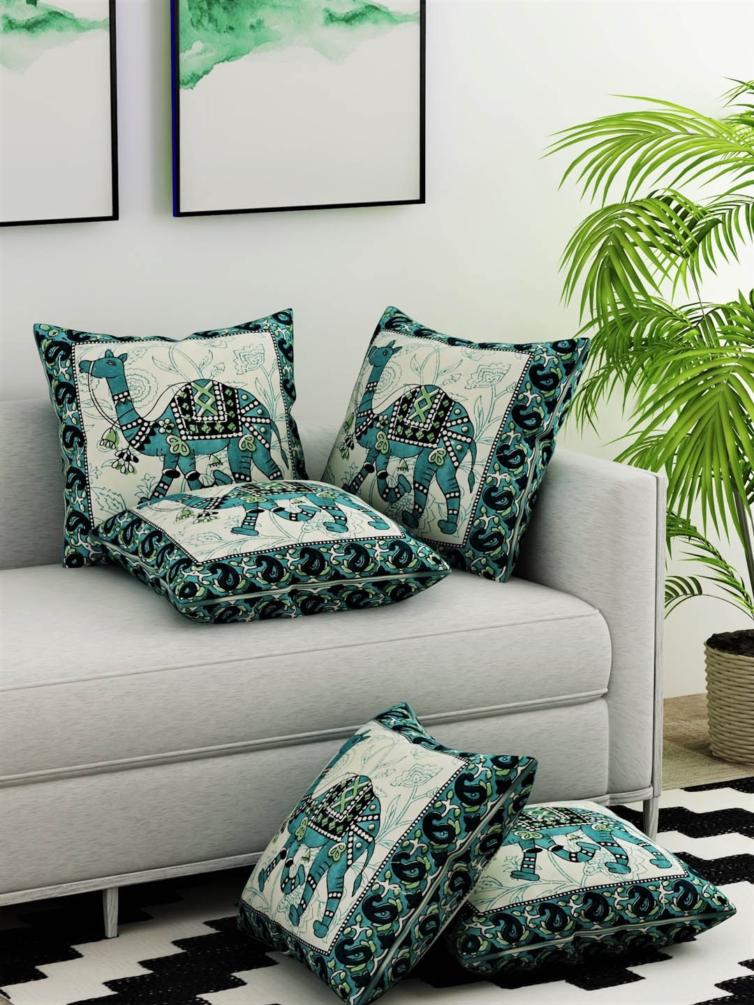 Salona Bichona Cream-Coloured & Teal Green Set of 5 Ethnic Motifs Square Cushion Covers
Salona Bichona Cream-Coloured & Teal Green Set of 5 Ethnic Motifs Square Cushion Covers
