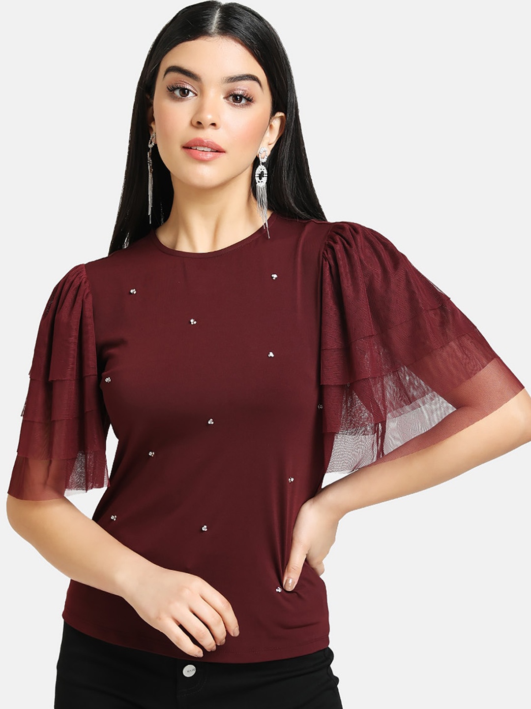 Kazo Maroon Embellished Flared Sleeves Top
