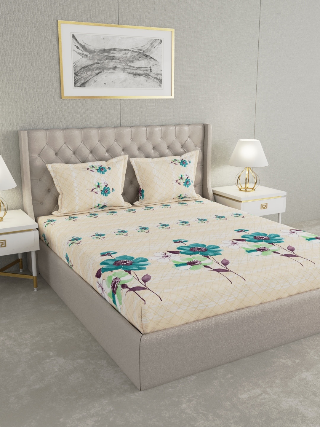 Raymond Home Peach-Coloured & Green Floral 210 TC Cotton 1 King Bedsheet with 2 Pillow Covers