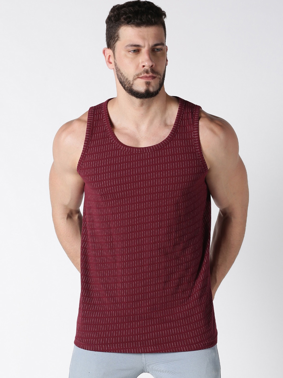 UrGear Men Maroon Self Design Cotton Scoop Neck Pure Cotton T-shirt