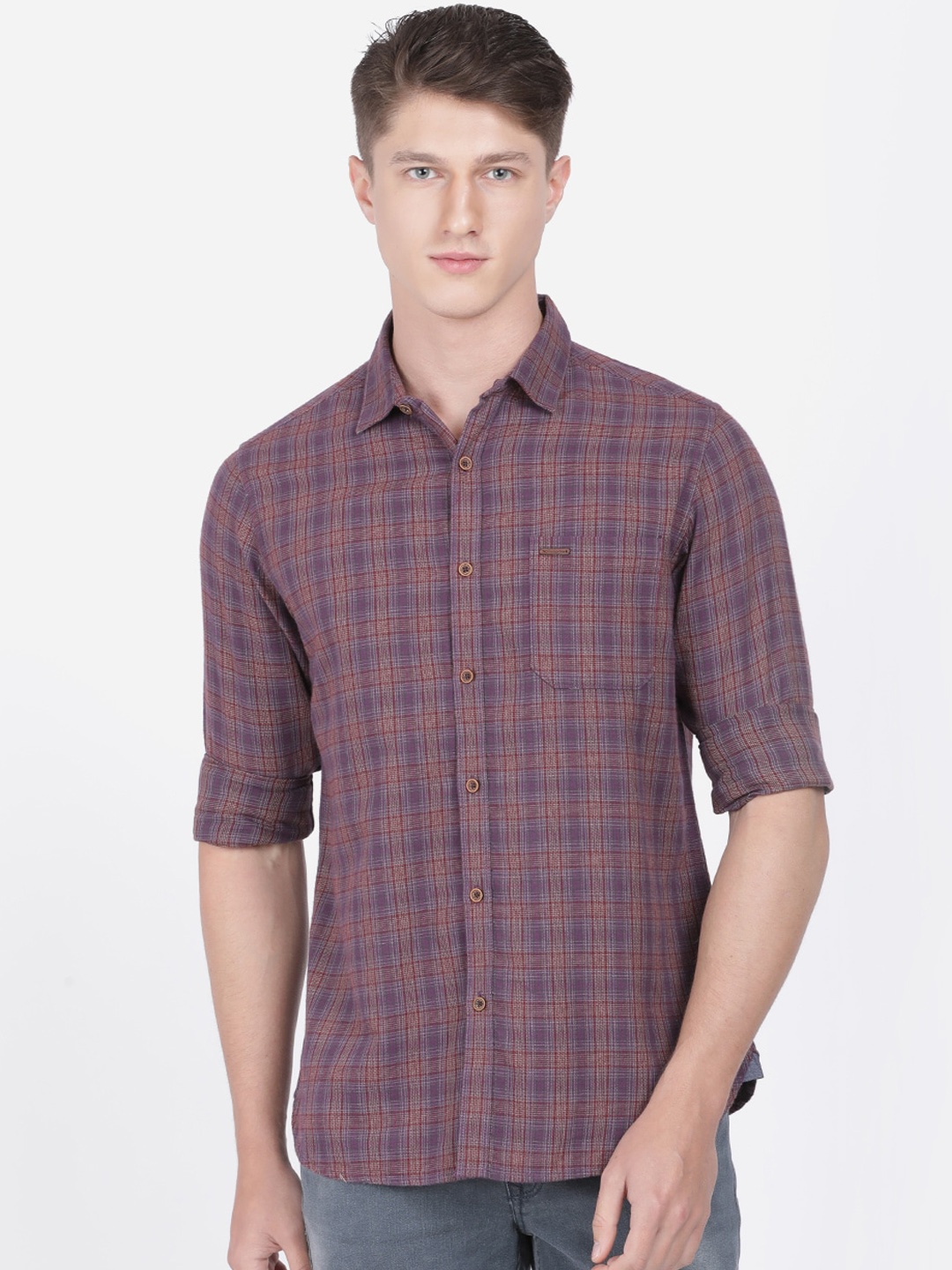 Crocodile Men Purple Slim Fit Checked Casual Shirt