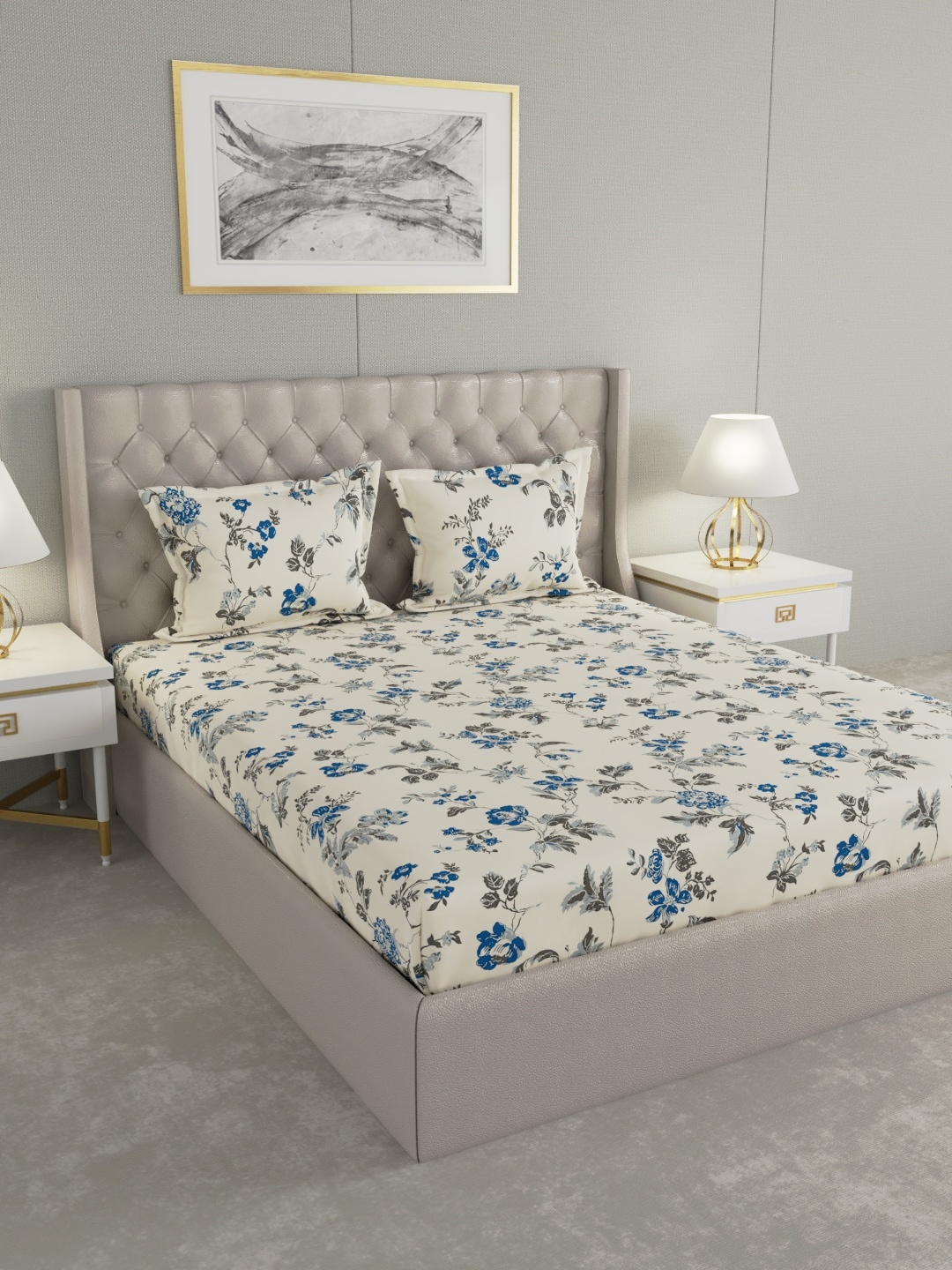 Raymond Home Off-White & Blue Floral 104 TC Cotton 1 Queen Bedsheet with 2 Pillow Covers
Raymond Home Off-White & Blue Floral 104 TC Cotton 1 Queen Bedsheet with 2 Pillow Covers