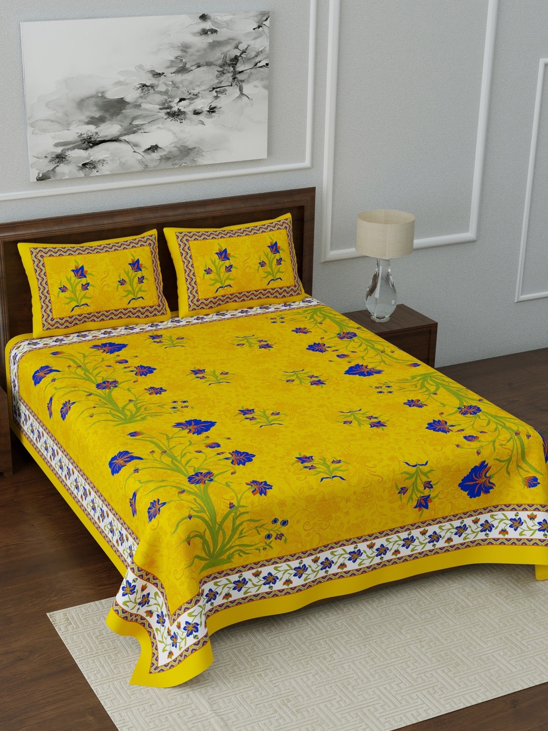 LIVING ROOTS Yellow & Blue Floral 144 TC Cotton 1 Queen Bedsheet with 2 Pillow Covers
