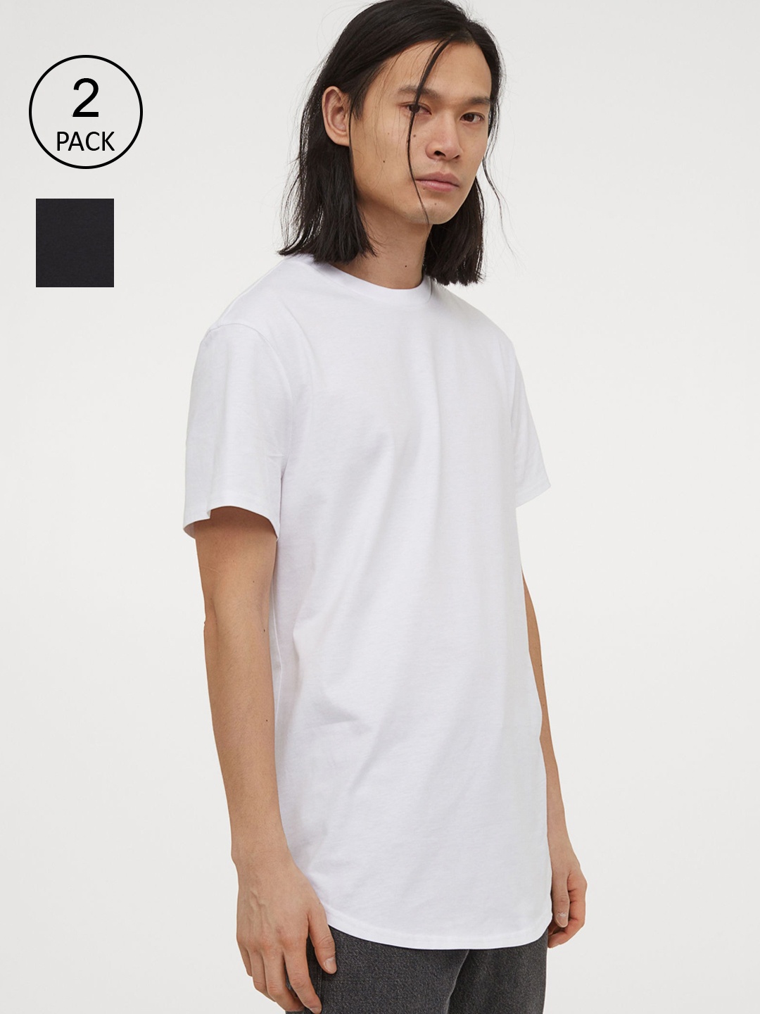 HM Men White Black 2-Pack Long Fit Pure Cotton T-shirts