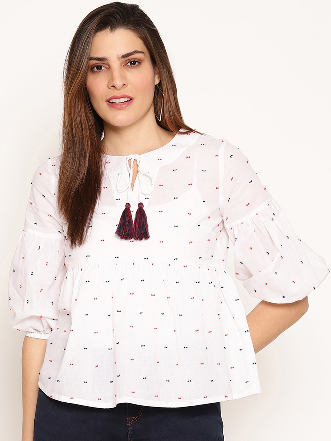 HOUSE OF KKARMA Women White Printed Tie-Up Neck Top
