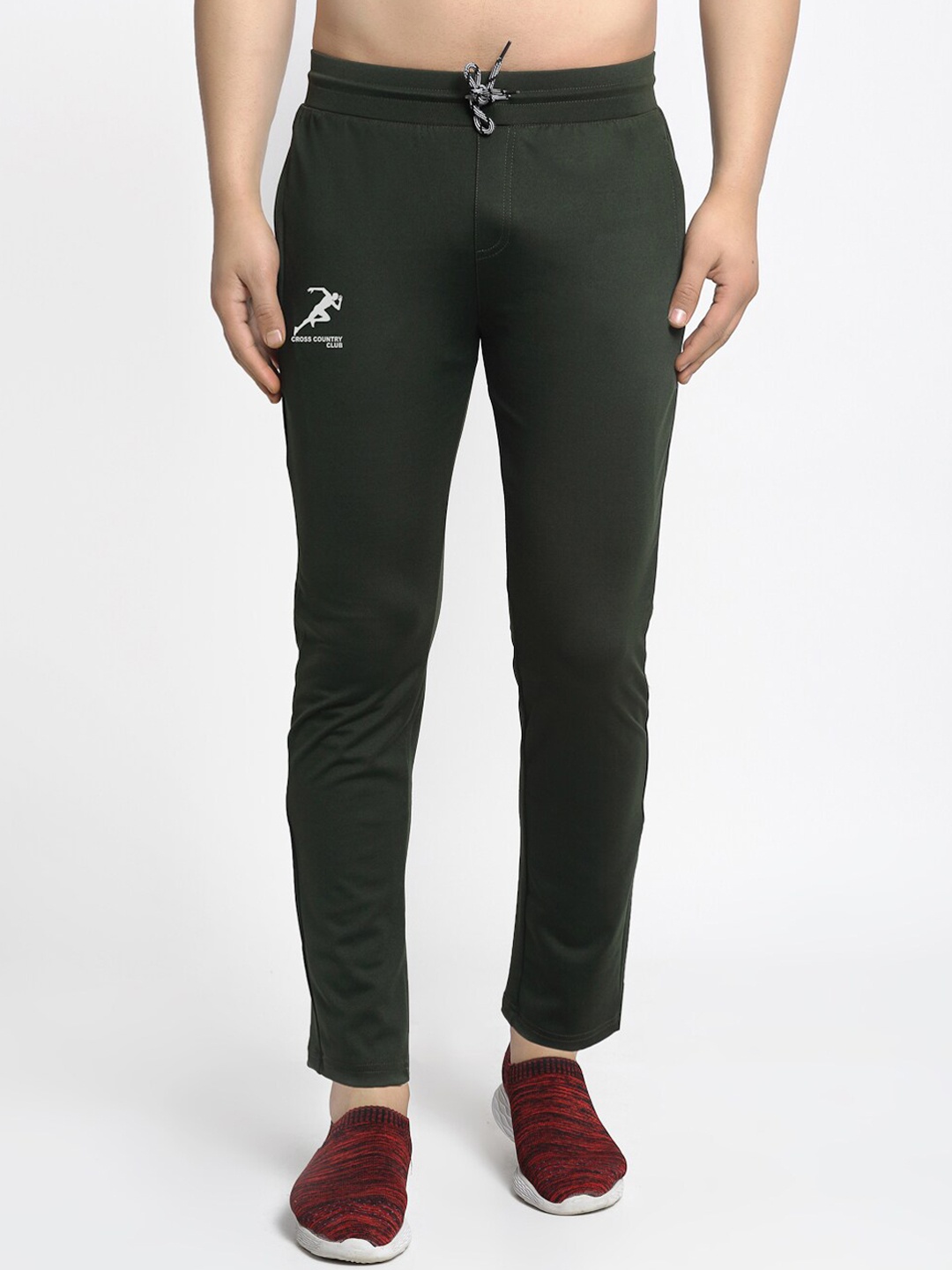 GRACIT Men Olive Green & White Solid Slim-Fit Track Pants