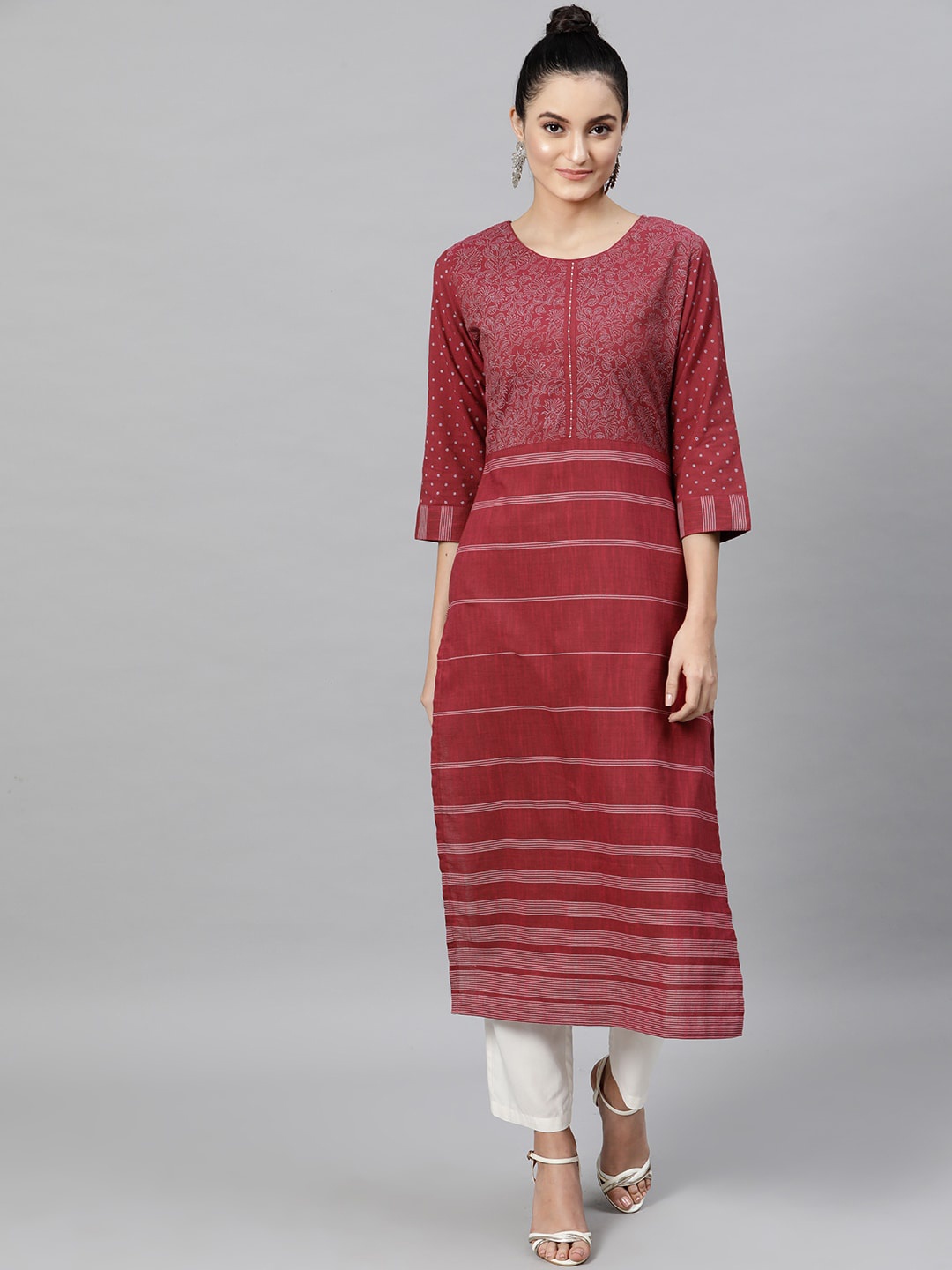 STREET 9 Women Maroon Striped Straight Kurta