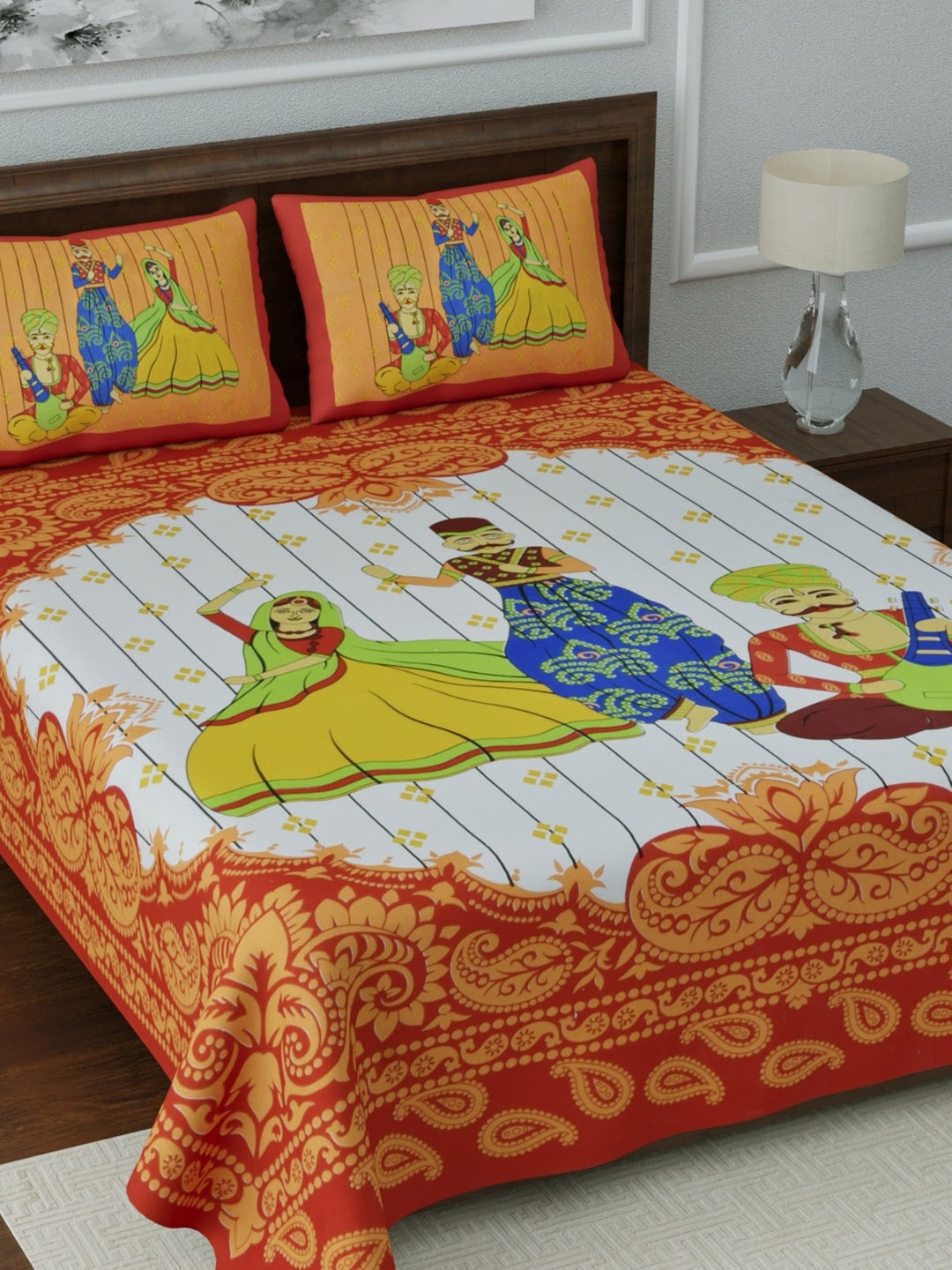 LIVING ROOTS White & Orange Ethnic Motifs 144 TC Cotton 1 Queen Bedsheet with 2 Pillow Covers
LIVING ROOTS White & Orange Ethnic Motifs 144 TC Cotton 1 Queen Bedsheet with 2 Pillow Covers