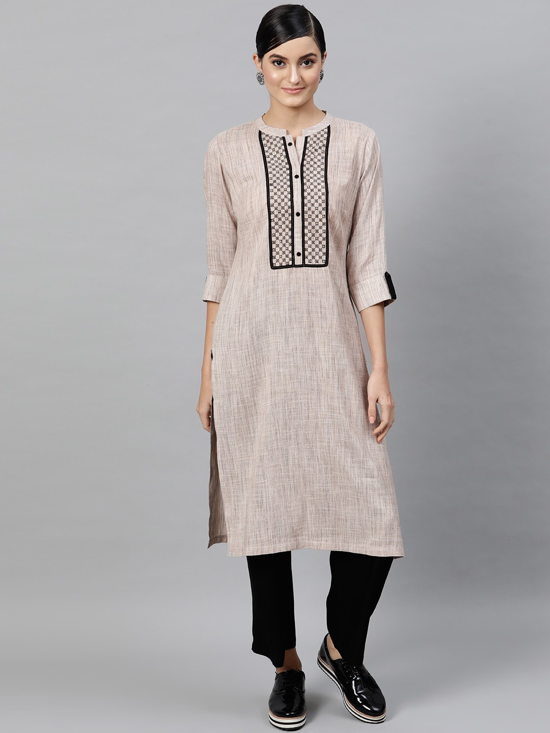 STREET 9 Women Beige Embroidered Kurta with Trousers