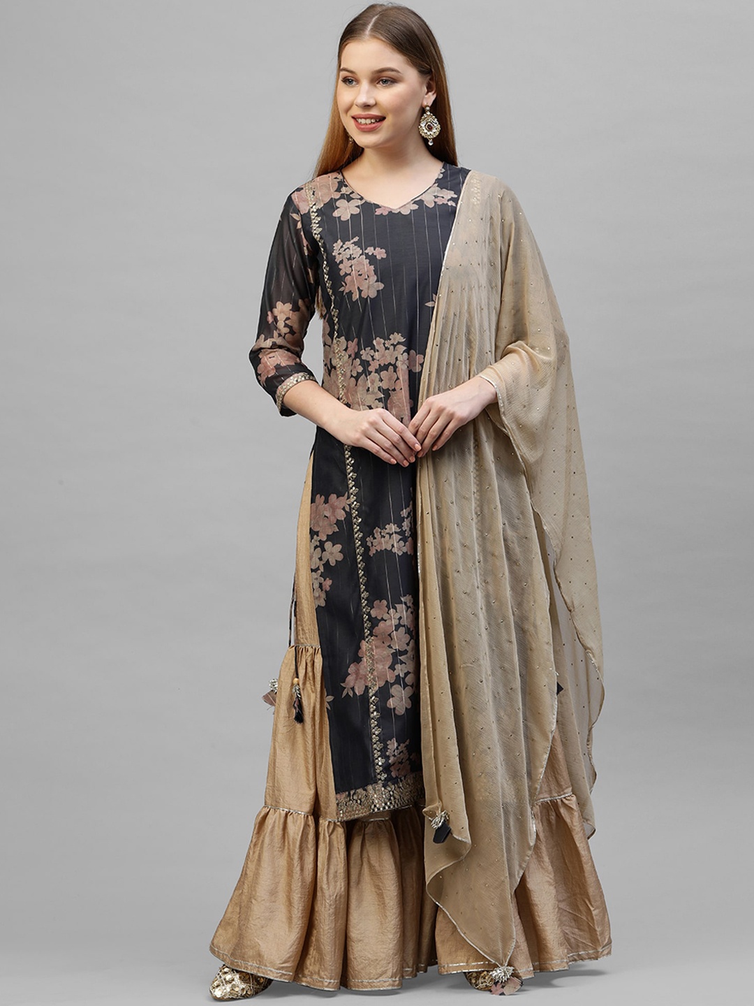 Indo Era Women Navy Blue Printed Kurta with Sharara & Dupatta