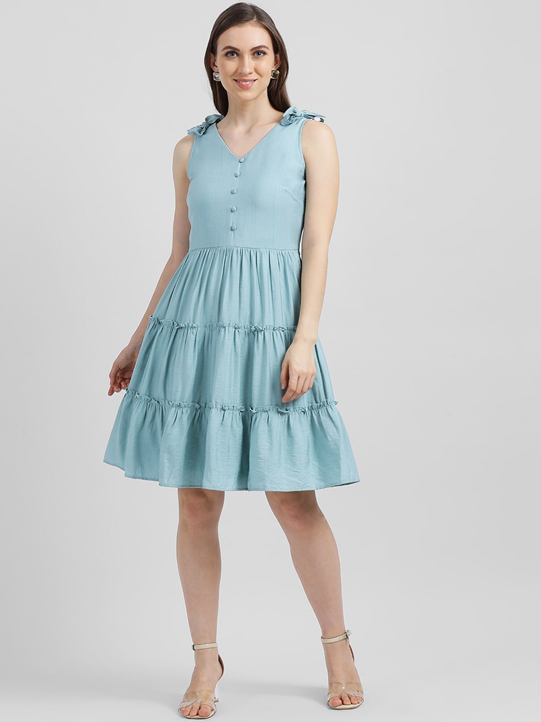 Zink London Women Turquoise Blue Solid Fit and Flare Dress