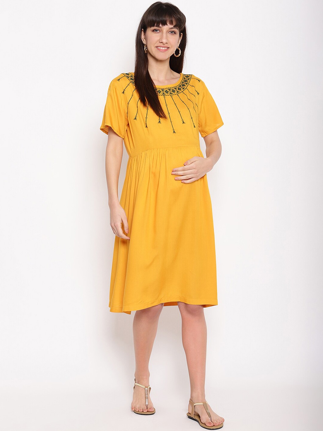 The Vanca Women Mustard Yellow Embroidered A-Line Maternity Dress