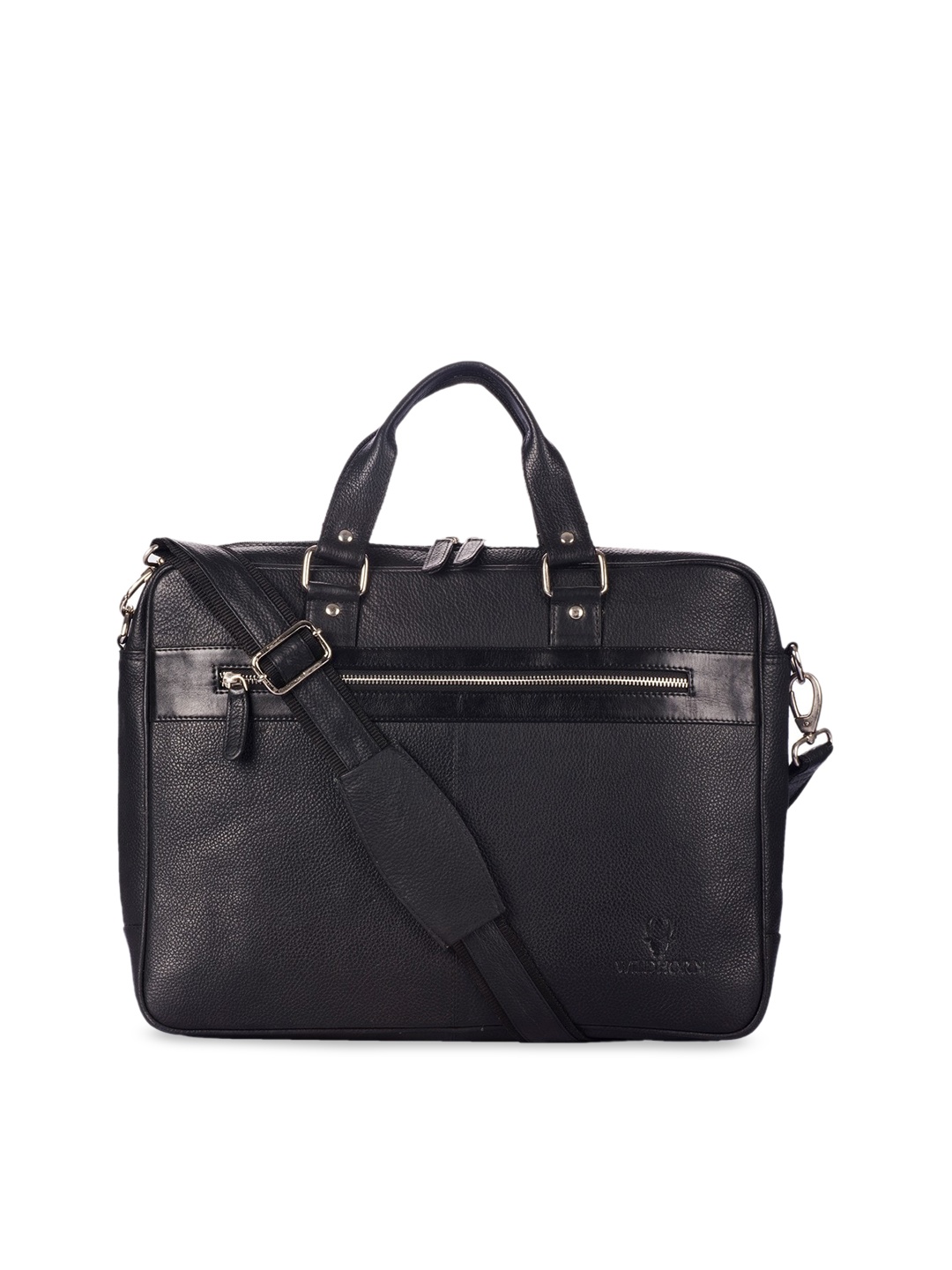 WildHorn Men Black Textured 16 Inch Leather Laptop Bag