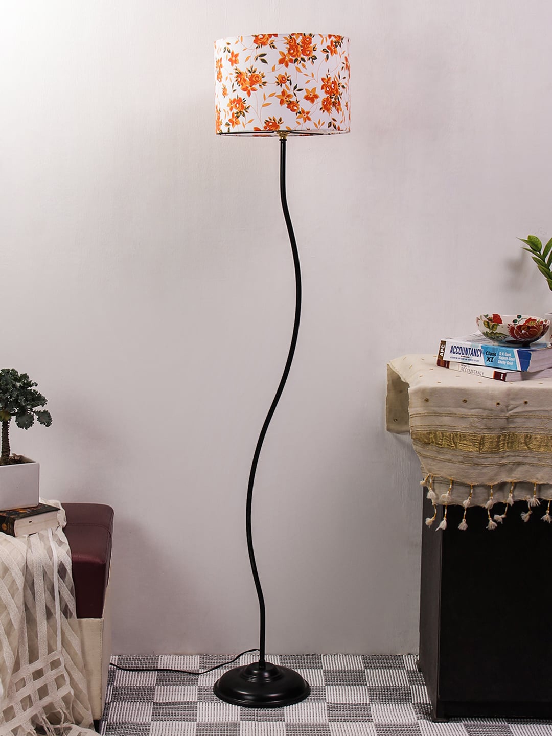 Devansh White & Orange Printed Drum Curvy Cotton Shade Club Lamp