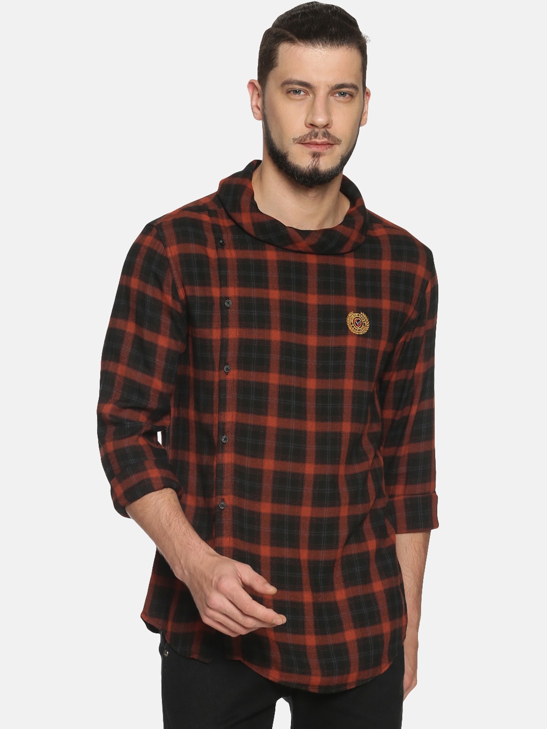 SHOWOFF Men Orange & Black Slim Fit Checked Casual Shirt