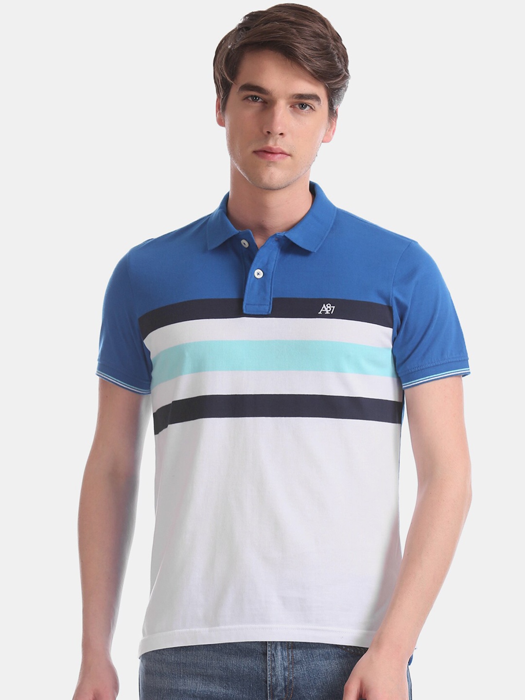 Aeropostale Men Blue White Striped Polo Collar Pure Cotton T-shirt