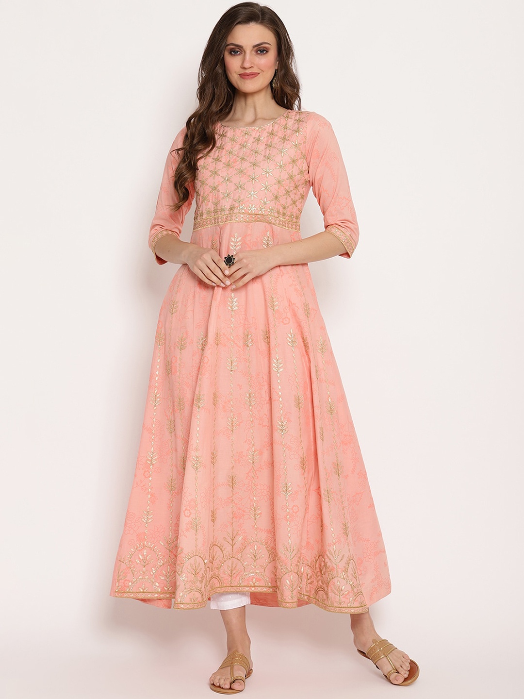 Ramas Women Peach-Coloured Ethnic Motifs Embroidered Thread Work Kurta