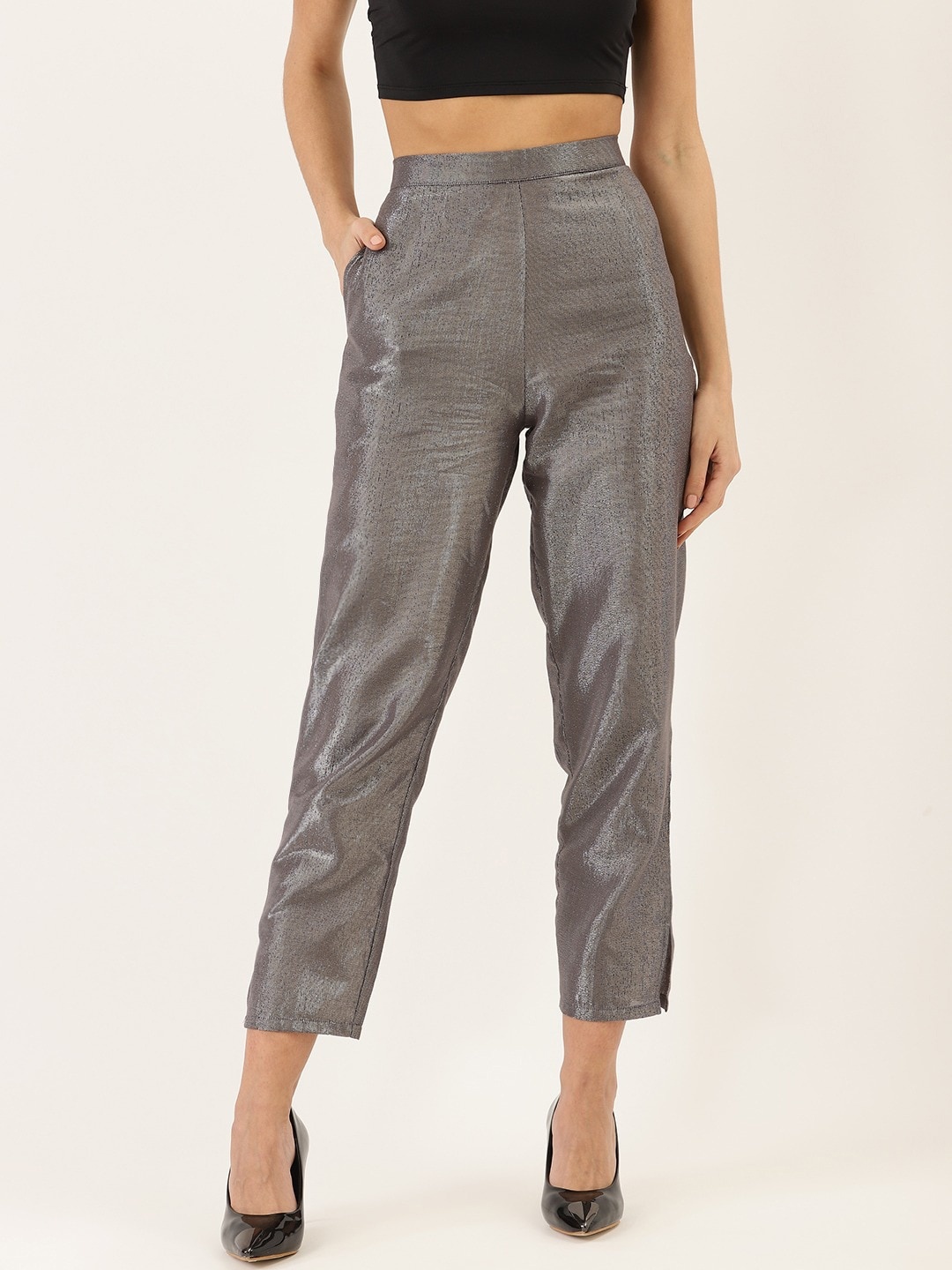Cottinfab Women Grey Straight Fit Solid Regular Trousers