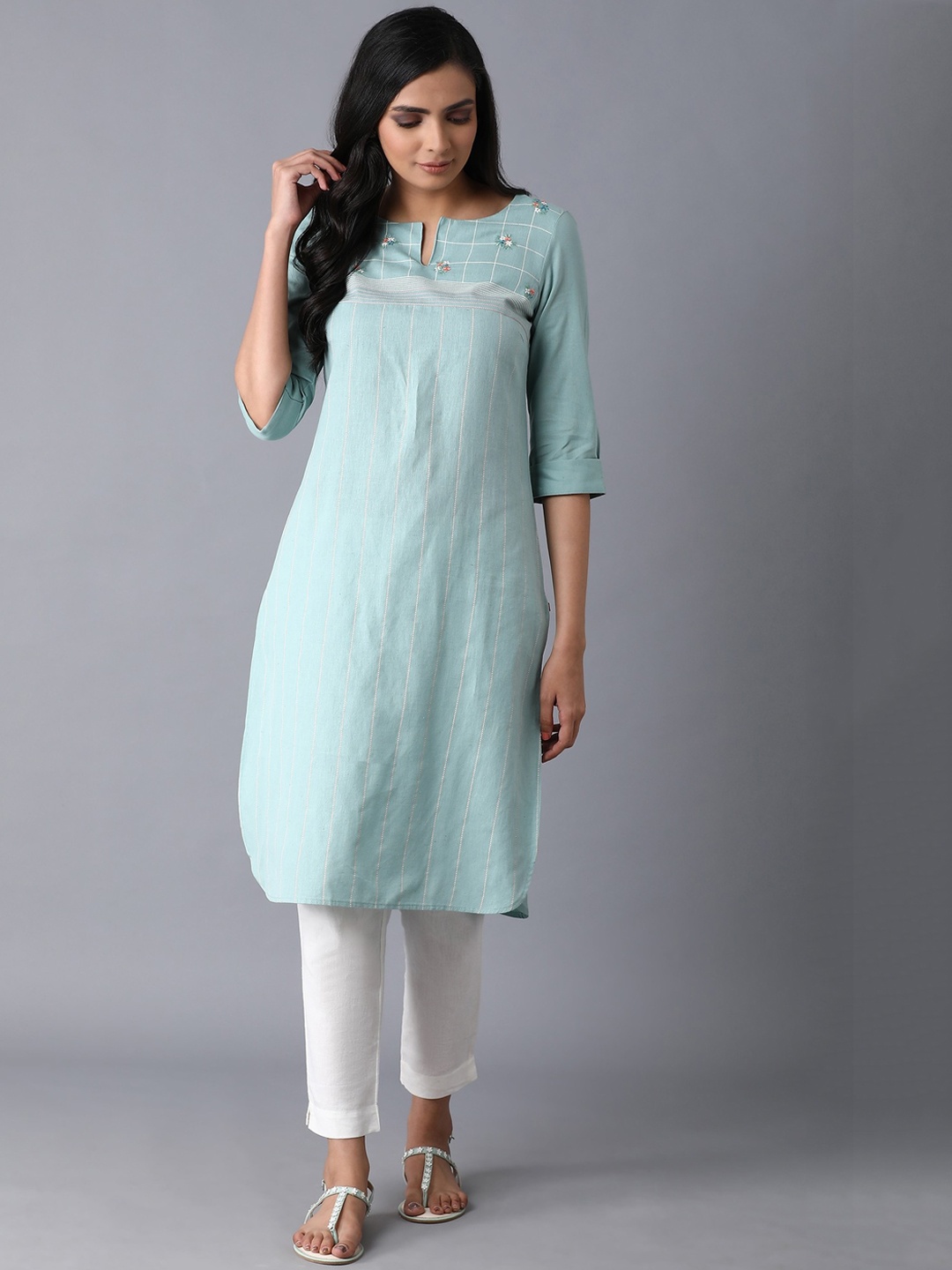 W Women Blue Checked Kurta