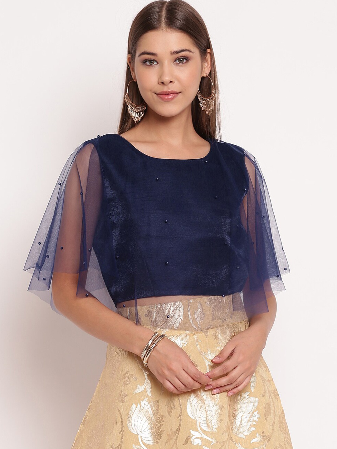 AKIMIA Navy Blue Embellished Flared Sleeves Studded Top