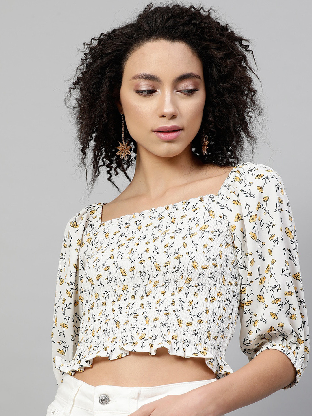 STREET 9 White Floral Printed Puff Sleeves Crepe Top 
STREET 9 White Floral Printed Puff Sleeves Crepe Top
