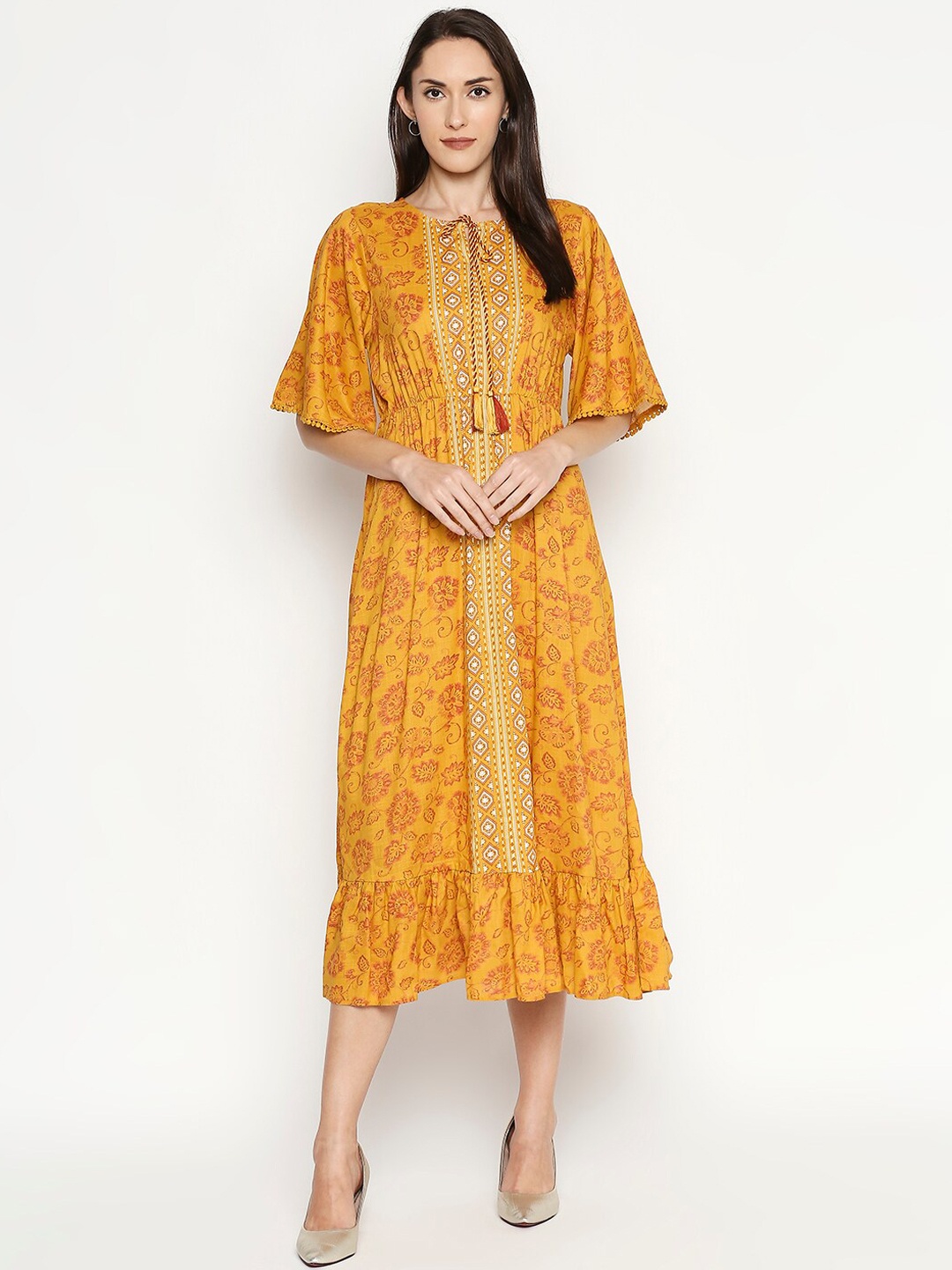 People Women Mustard Printed A-Line Dress