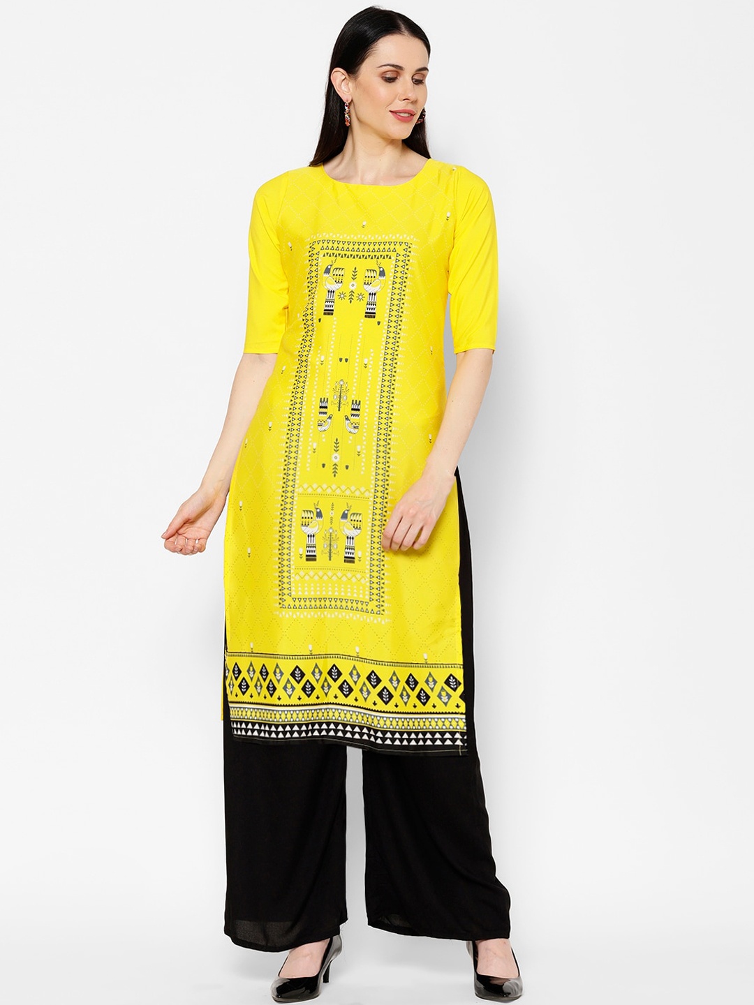 7Threads Women Yellow Geometric Printed Crepe Kurta