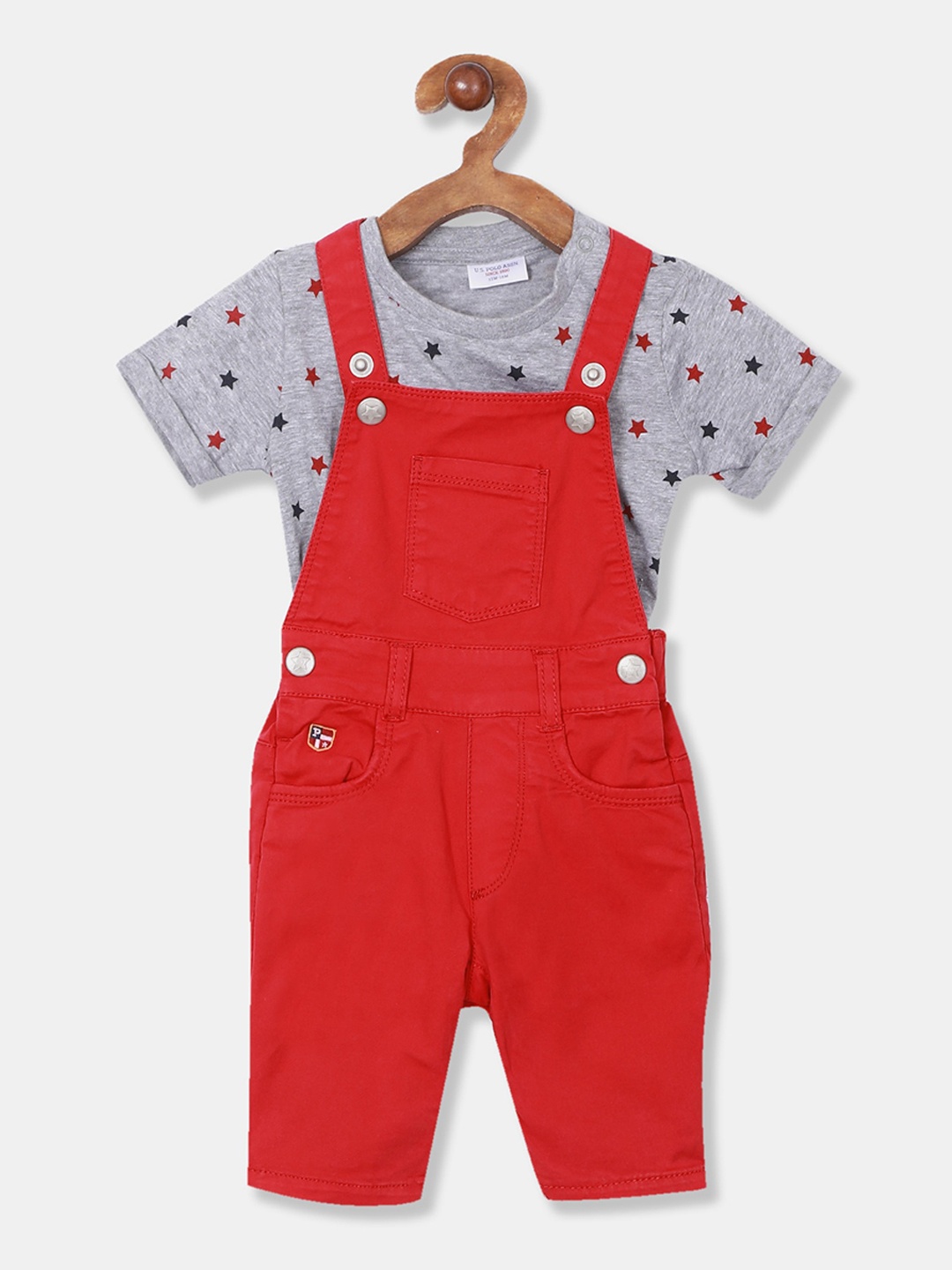 U.S. Polo Assn. Kids Boys Red & Grey Printed T-shirt with Dungaree