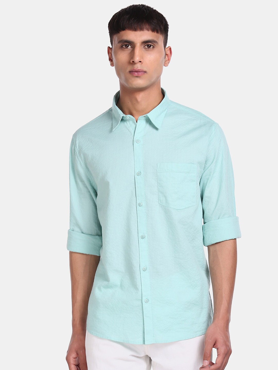 Ruggers Men Sea Green Regular Fit Striped Cotton Casual Shirt