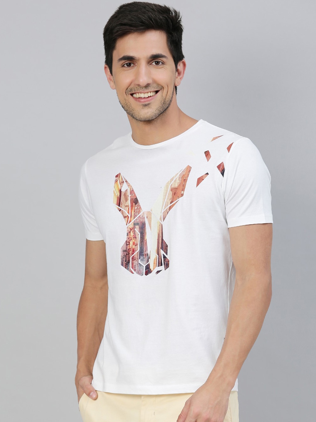 RARE RABBIT Men White Printed Round Neck T-shirt