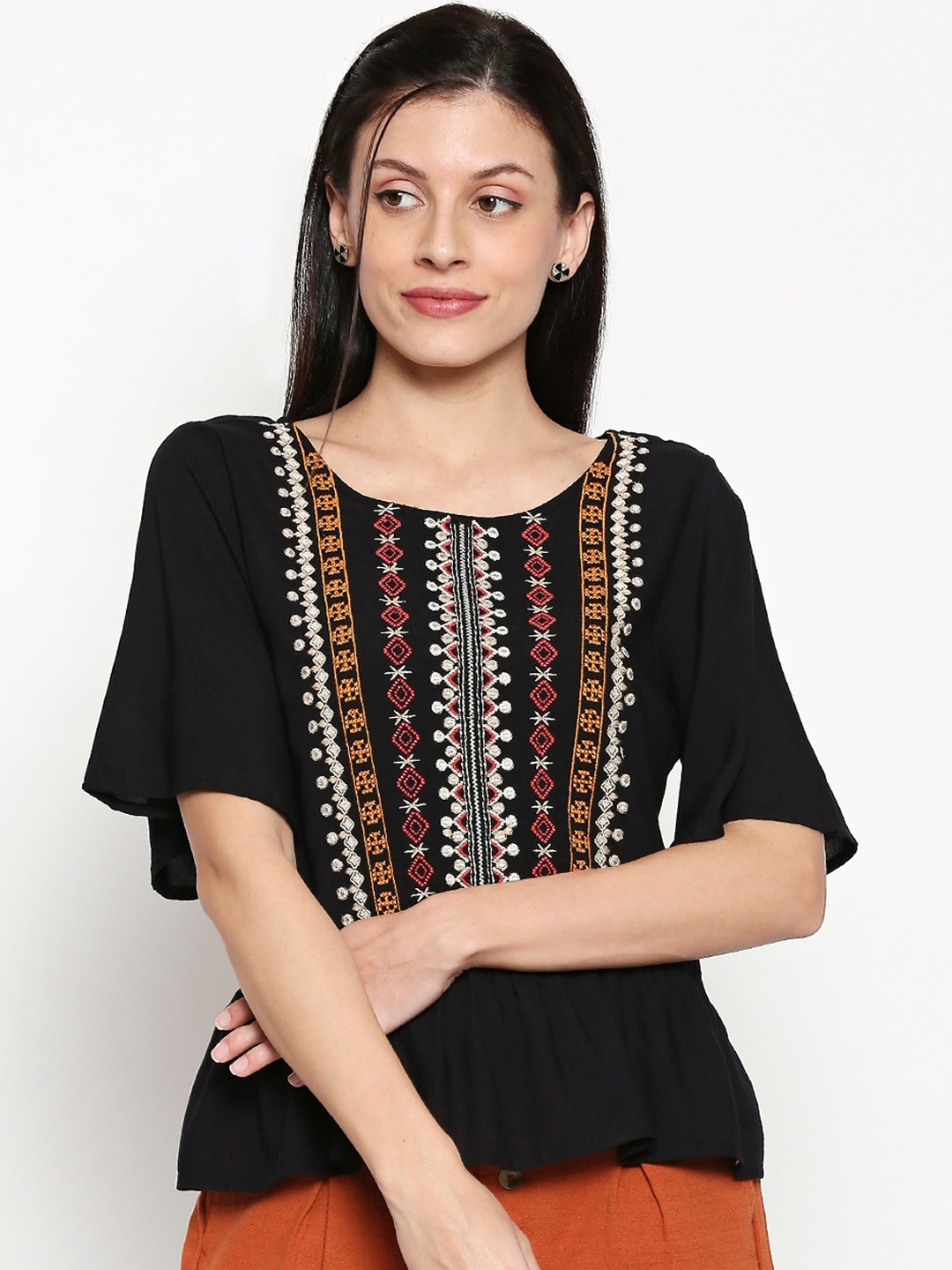 People Women Black Embroidered Flared Sleeves Top