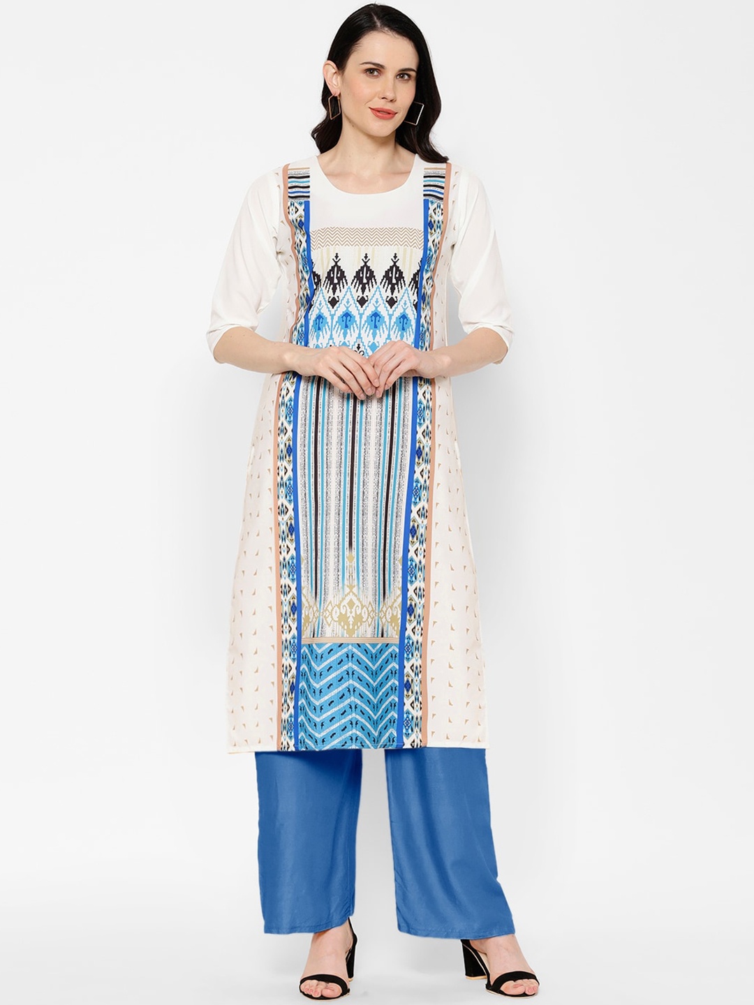 7Threads Women White & Blue Printed Crepe Kurta
