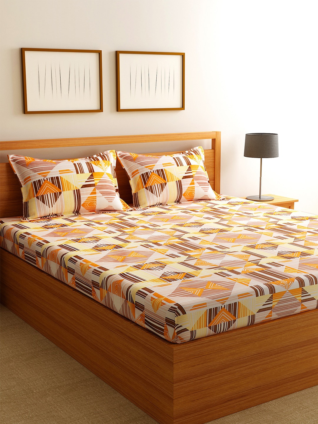 Florida Yellow & Brown Geometric 144 TC Polycotton 1 King Bedsheet with 2 Pillow Covers